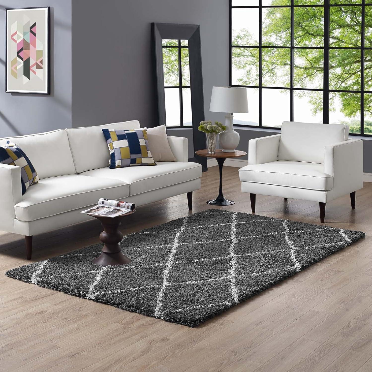 Toryn Dark Gray and Ivory Diamond Trellis Shag Area Rug