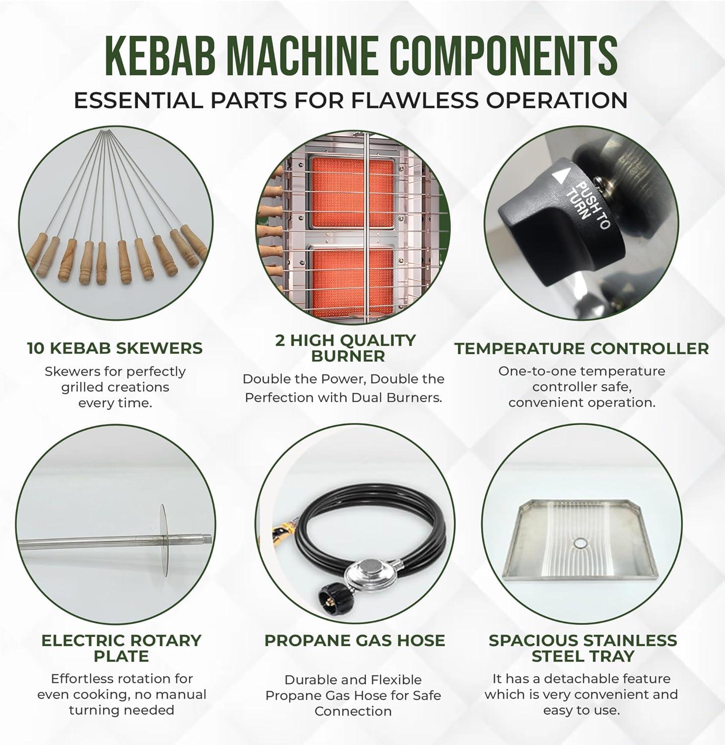 Homira Vertical Shawarma Machine - 2 Burner Rotisserie Grill, Doner Kebab and Tacos Al Pastor Machine with 10 Kebab Skewers