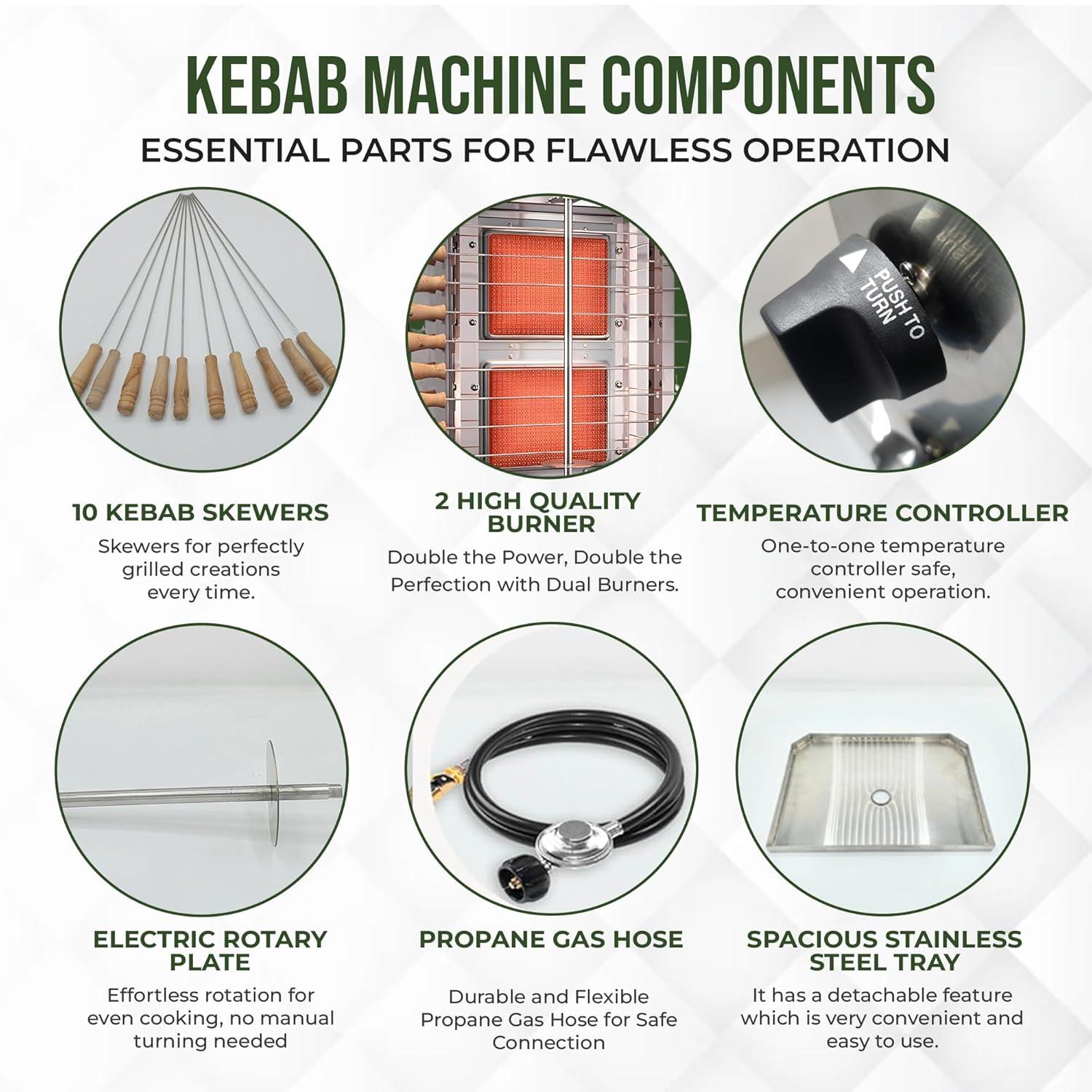 Homira Vertical Shawarma Machine - 2 Burner Rotisserie Grill, Doner Kebab and Tacos Al Pastor Machine with 10 Kebab Skewers