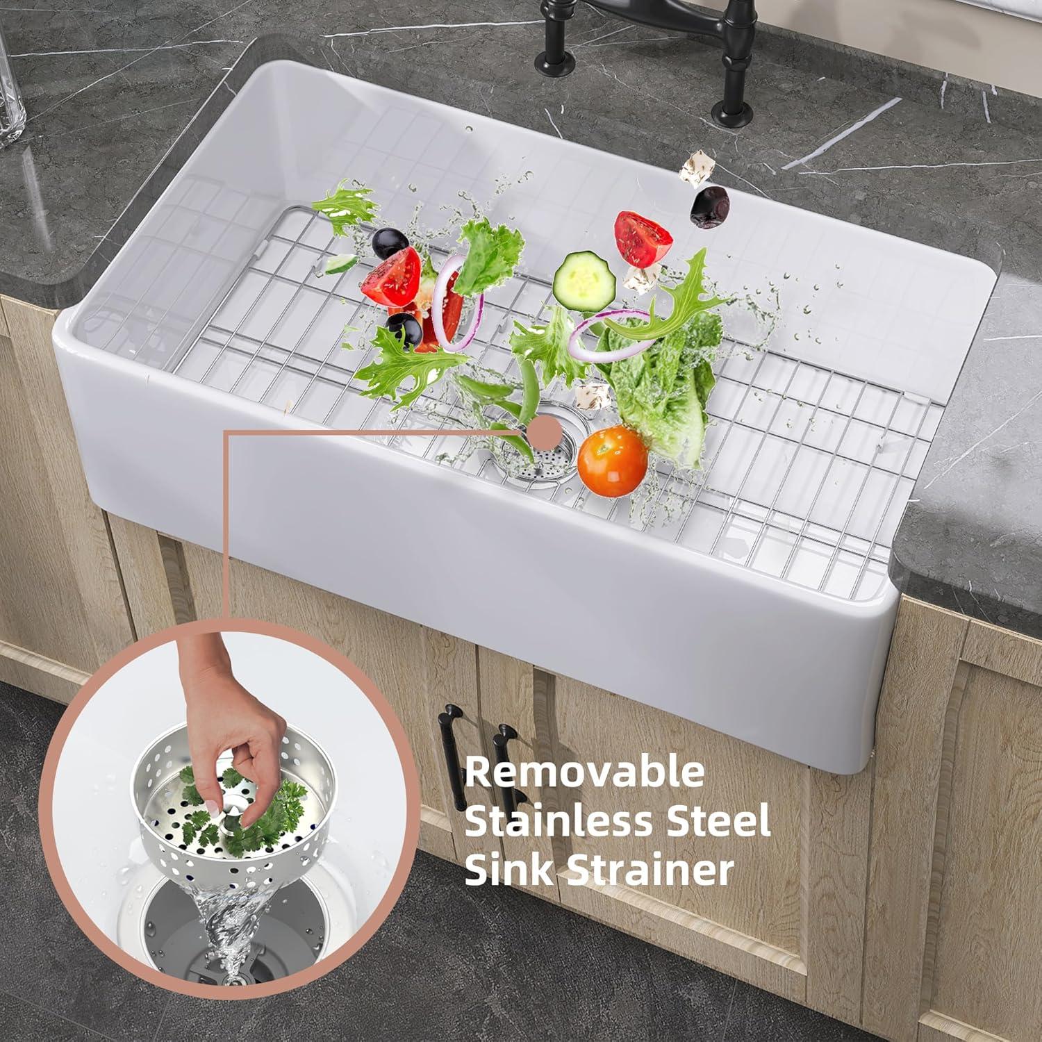 Small Farmhouse Sink 24 X18 White Fireclay Undermount Kitchen Sinks Deep Single Bowl Drop in Modern Apron Front Farm Sink For Kitchen with Protective Bottom Grid and Strainer