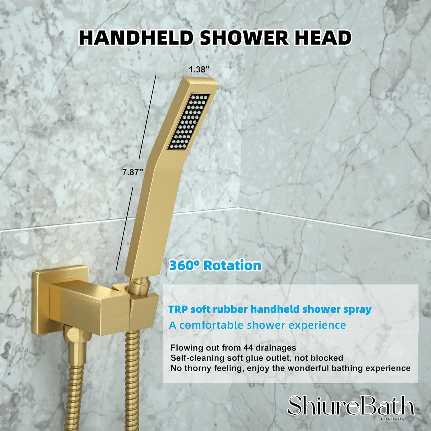 Shower system, 12" (approx. 30.5 cm) rain shower head and handheld spray bathroom shower unit with brass valve and wall trim kit Gold