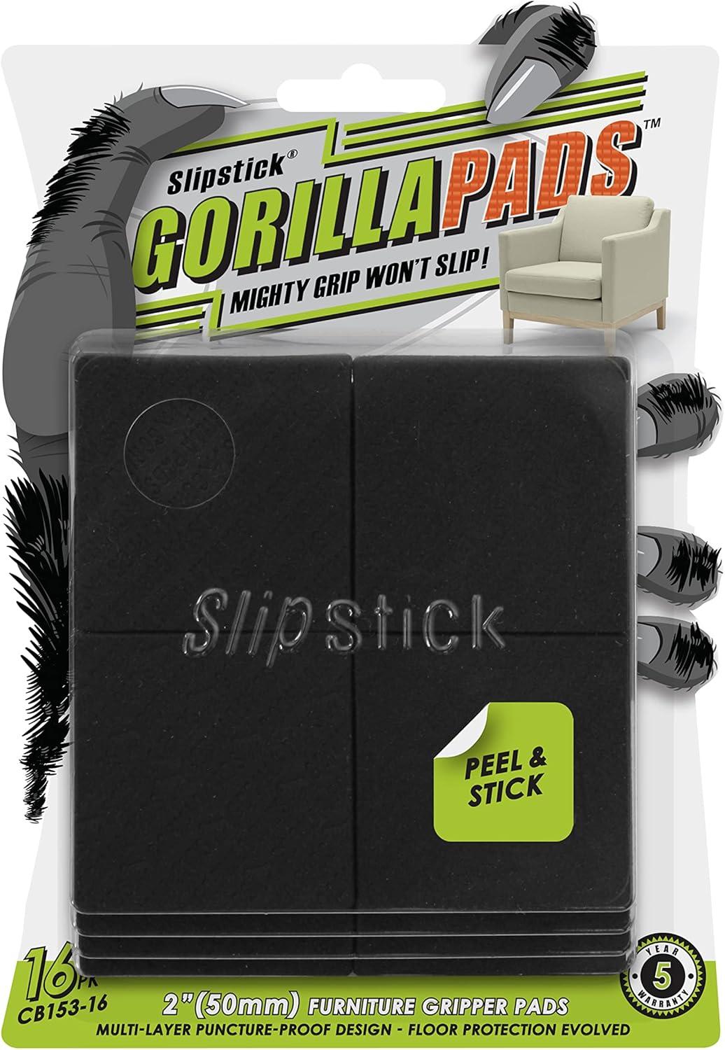 Slipstick GorillaPads CB153-16 Non Slip Furniture Pads/Gripper Feet Floor Protectors (Set of 16) Premium 2 Inch Square Self Adhesive Rubber Stoppers for Furniture Legs, Black, CB153-16