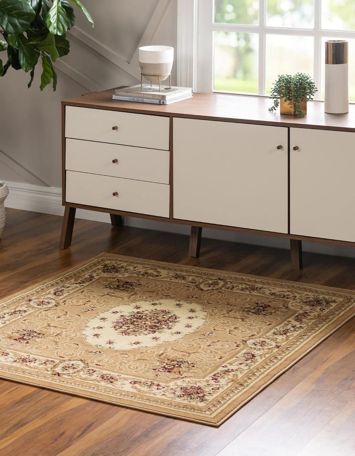 Tan and Cream Floral Square Stain-Resistant Rug