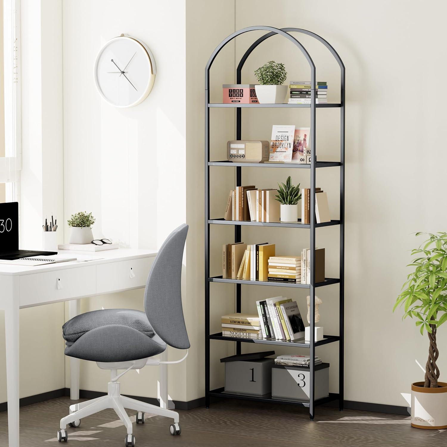 Bookcase Bookshelf, Tempered Glass Arched Bookshelf for More Storage, Slim Shelving Unit for Bedroom, Bathroom, Home Office, Steel Frame, 6 Tier Black BC20699B