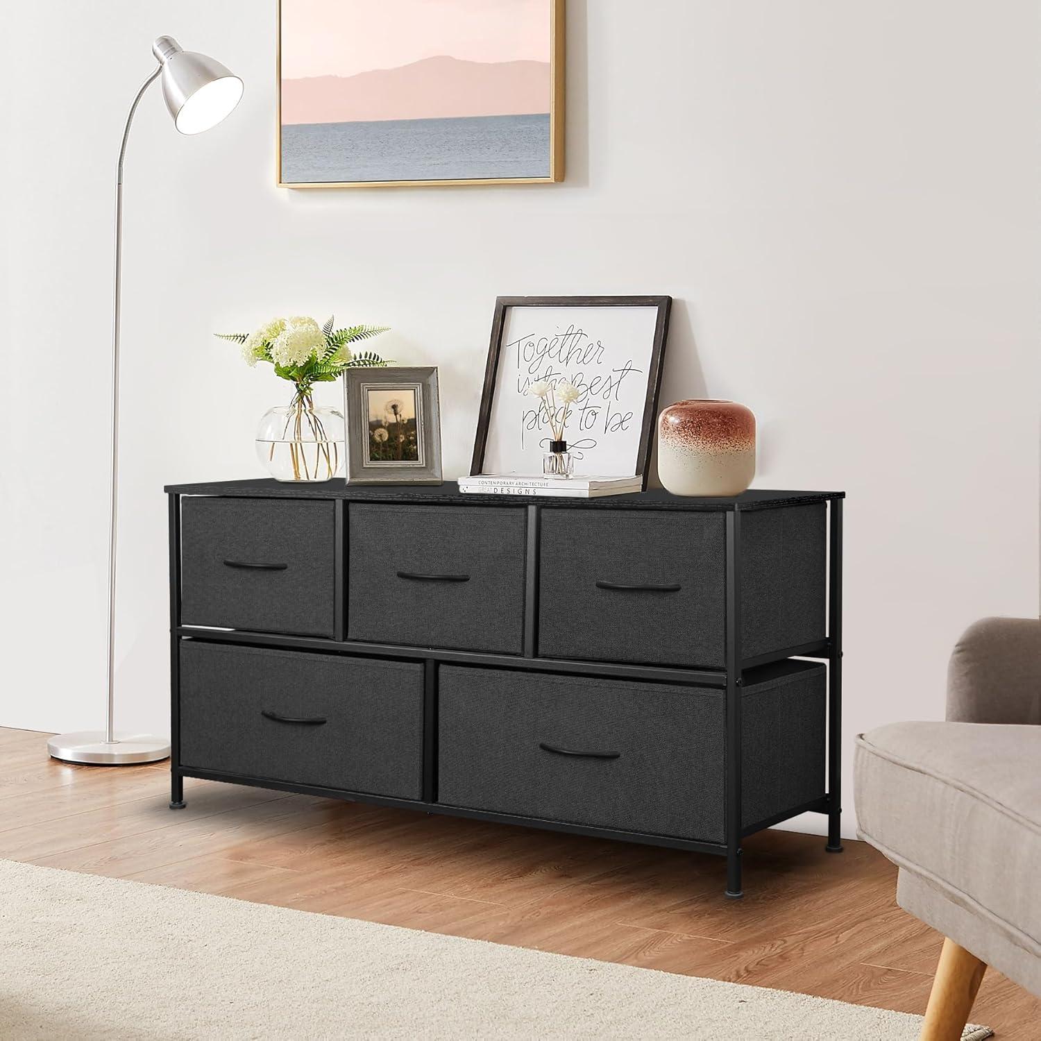 EDX 5 Drawer Dresser, Wide Chest Of Drawers Nightstand Storage Tower Storage Dresser Fabric Dresser With Wood Top for Living Room, Bedroom, Hallway,Black