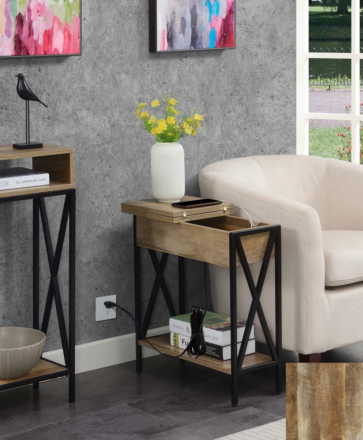 Convenience Concepts Tucson Flip Top End Table with Charging Station and Shelf, Weathered Barnwood/Black