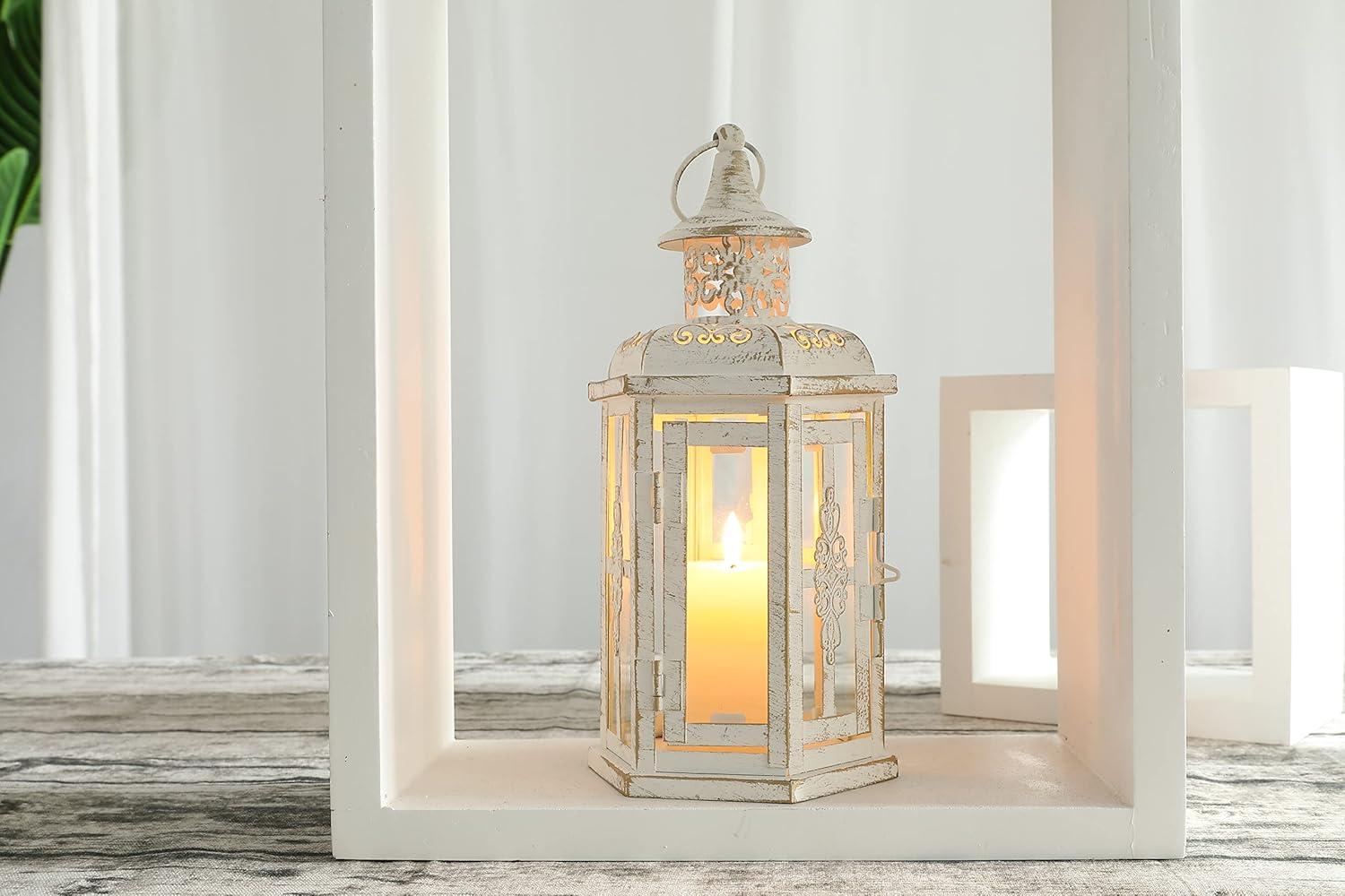 JHY DESIGN Decorative Candle lantern-10inch High Vintage Style Hanging Lantern Metal Candleholder for Indoor Outdoor Events Parities and Weddings (White with Gold Brush)