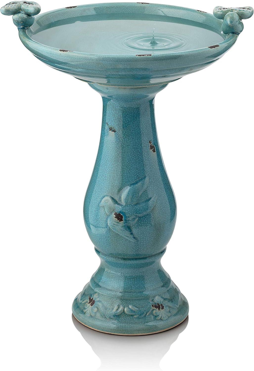 Turquoise Ceramic Pedestal Bird Bath with Bird Figurines