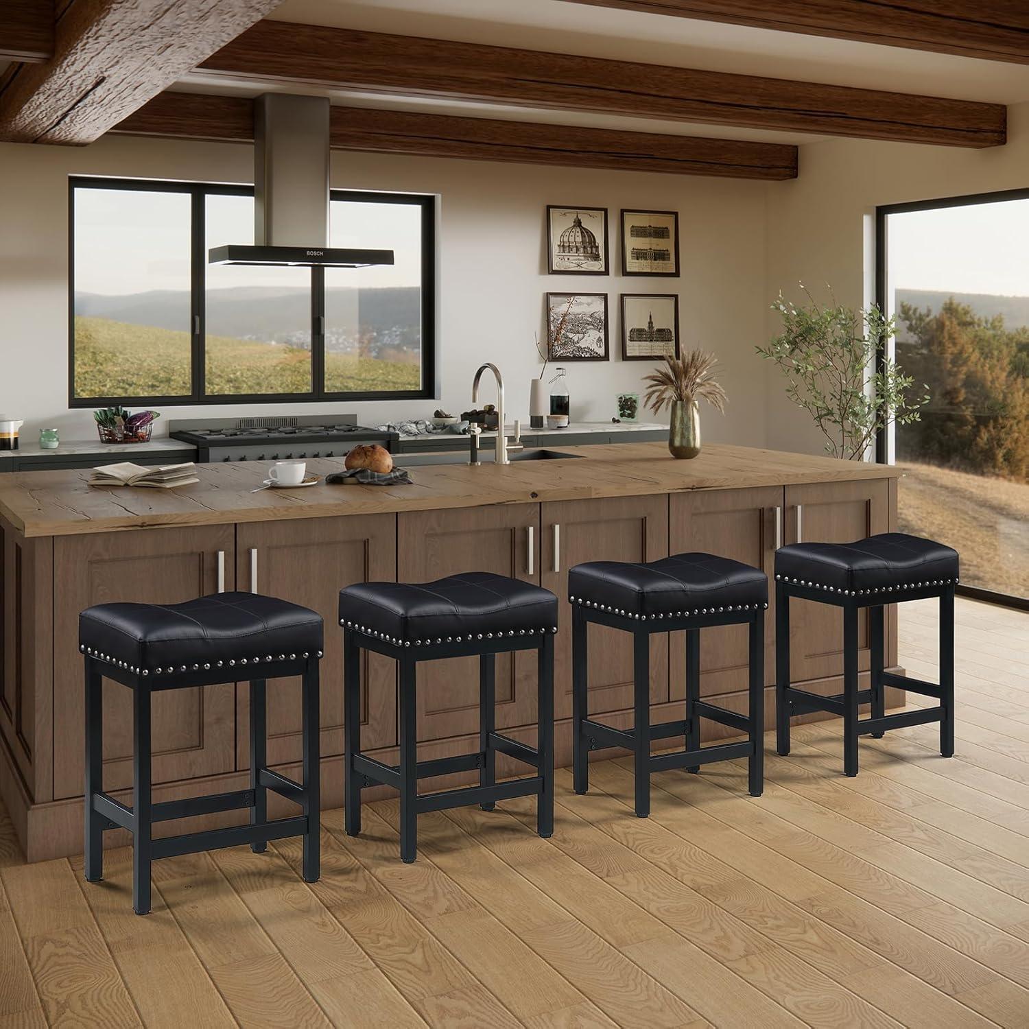 edx Bar Stools Set of 4, Modern Counter Height, 24 Inch Kitchen Barstools with Metal Base, PU Leather Saddle Seats for Kitchen Island, Black
