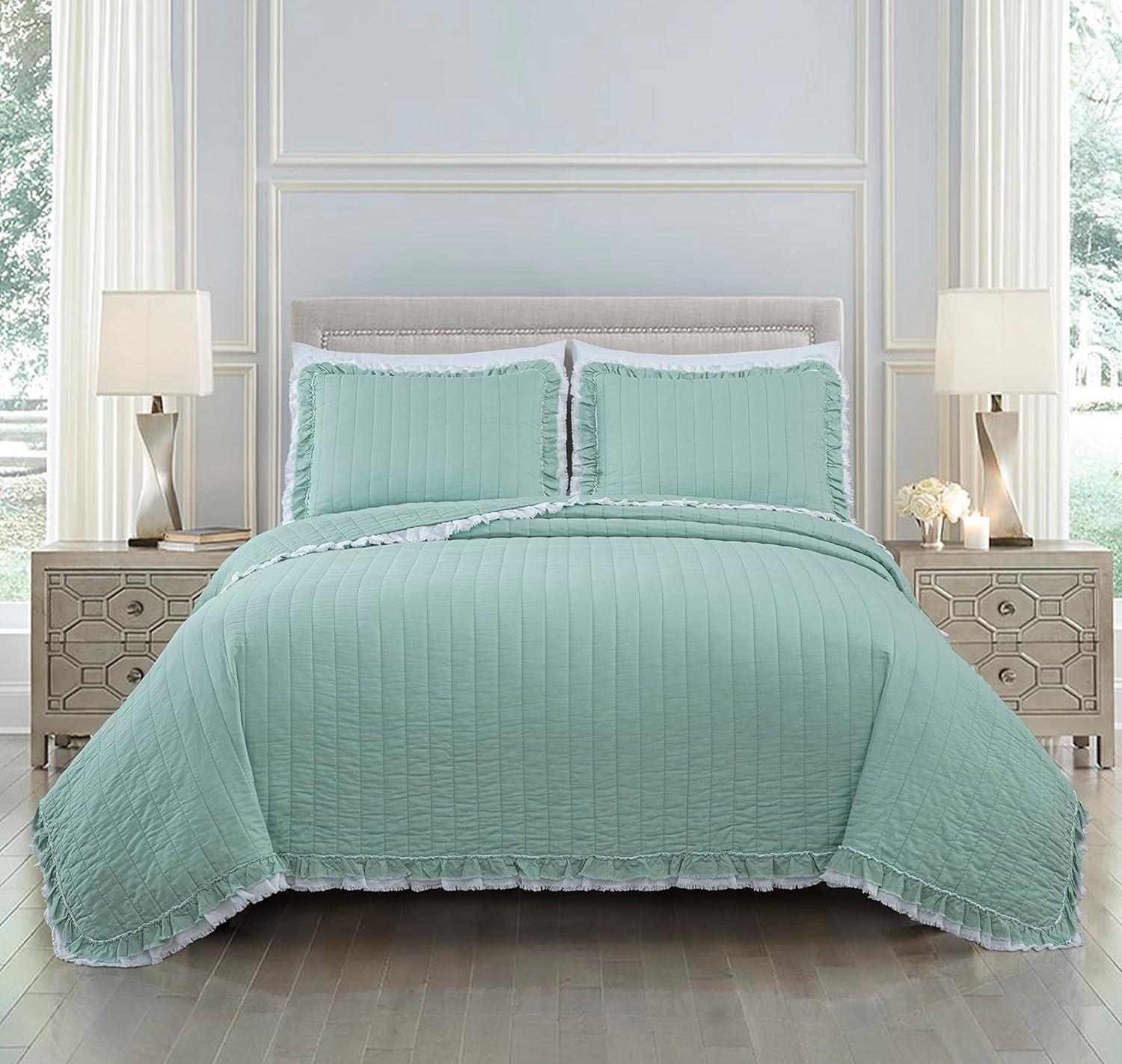 Chezmoi Collection Bonnie 3-Piece 100% Cotton Quilt Set King Size, Aqua - Double Frayed Ruffled Edge Lightweight Pre-Washed Soft-Finished Cotton Bedspread for All Season