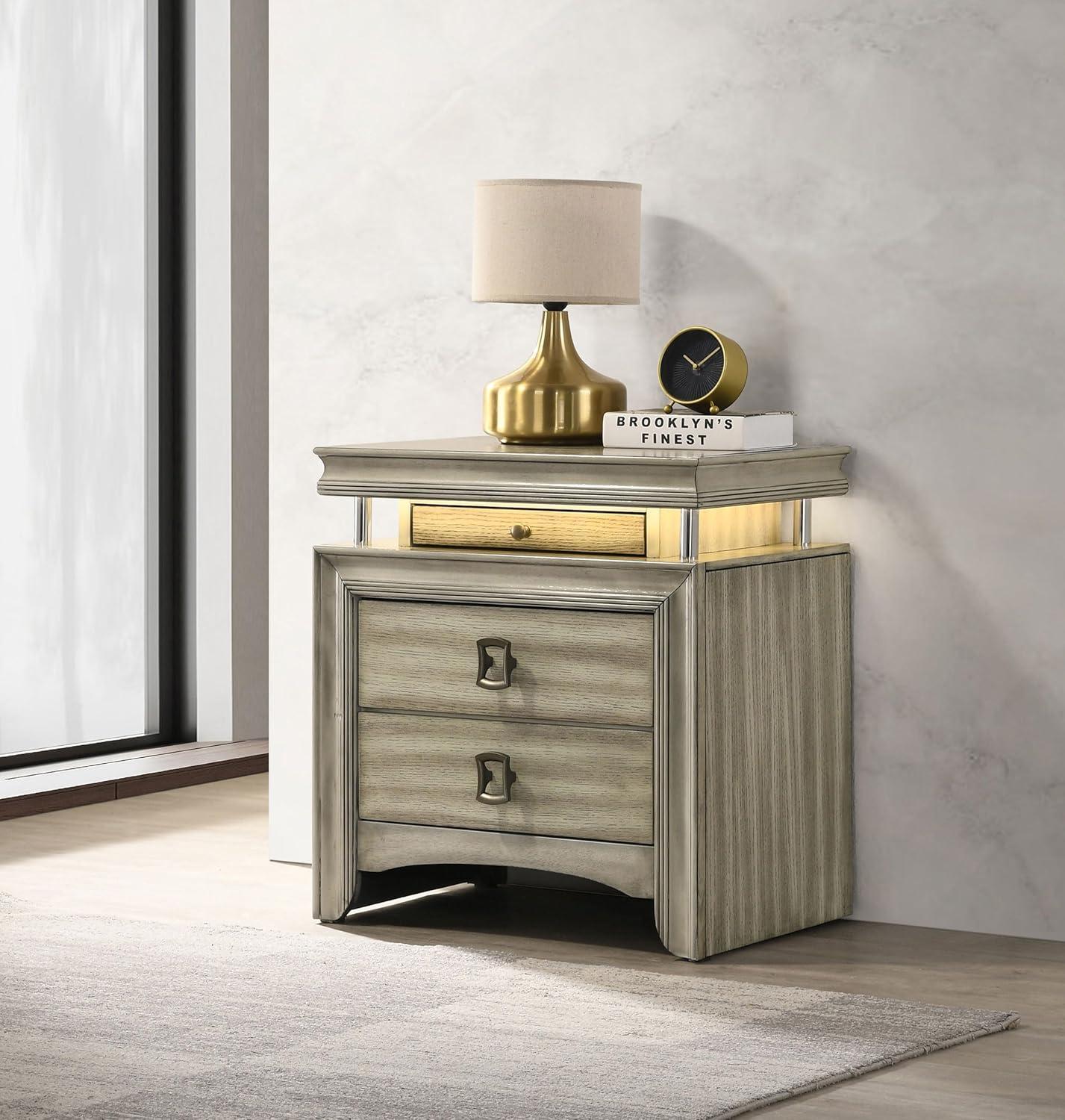 Giselle Beige 3-Drawer Nightstand with LED Light