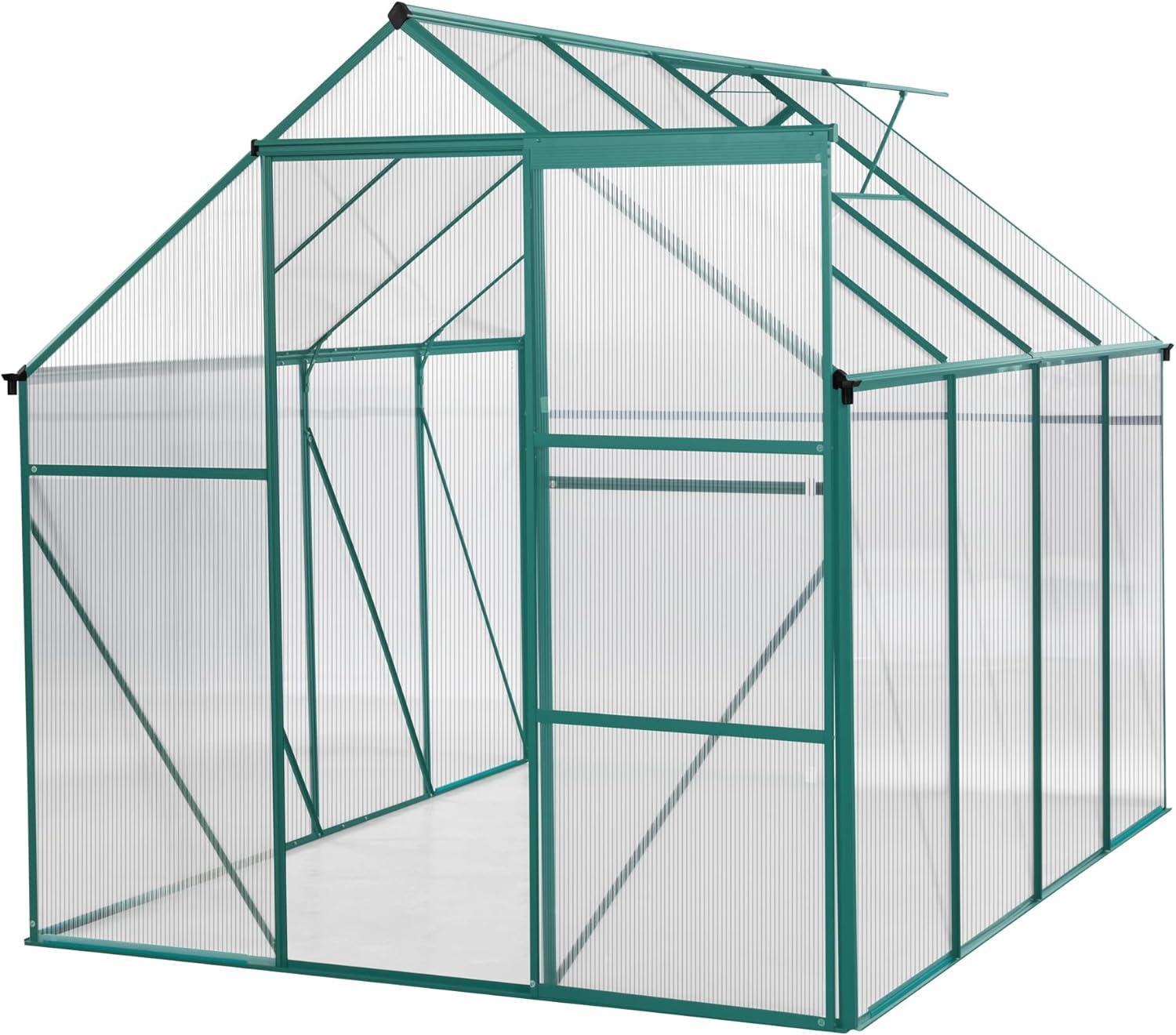 Green 6x8 FT Polycarbonate Walk-in Greenhouse with Sliding Door