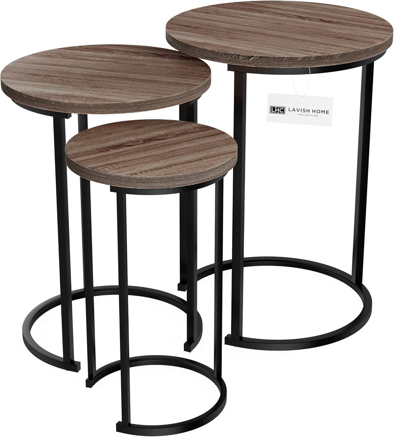 Set of 3 Round Living Room Nesting or End Tables with Black Metal Base, Gray-Brown