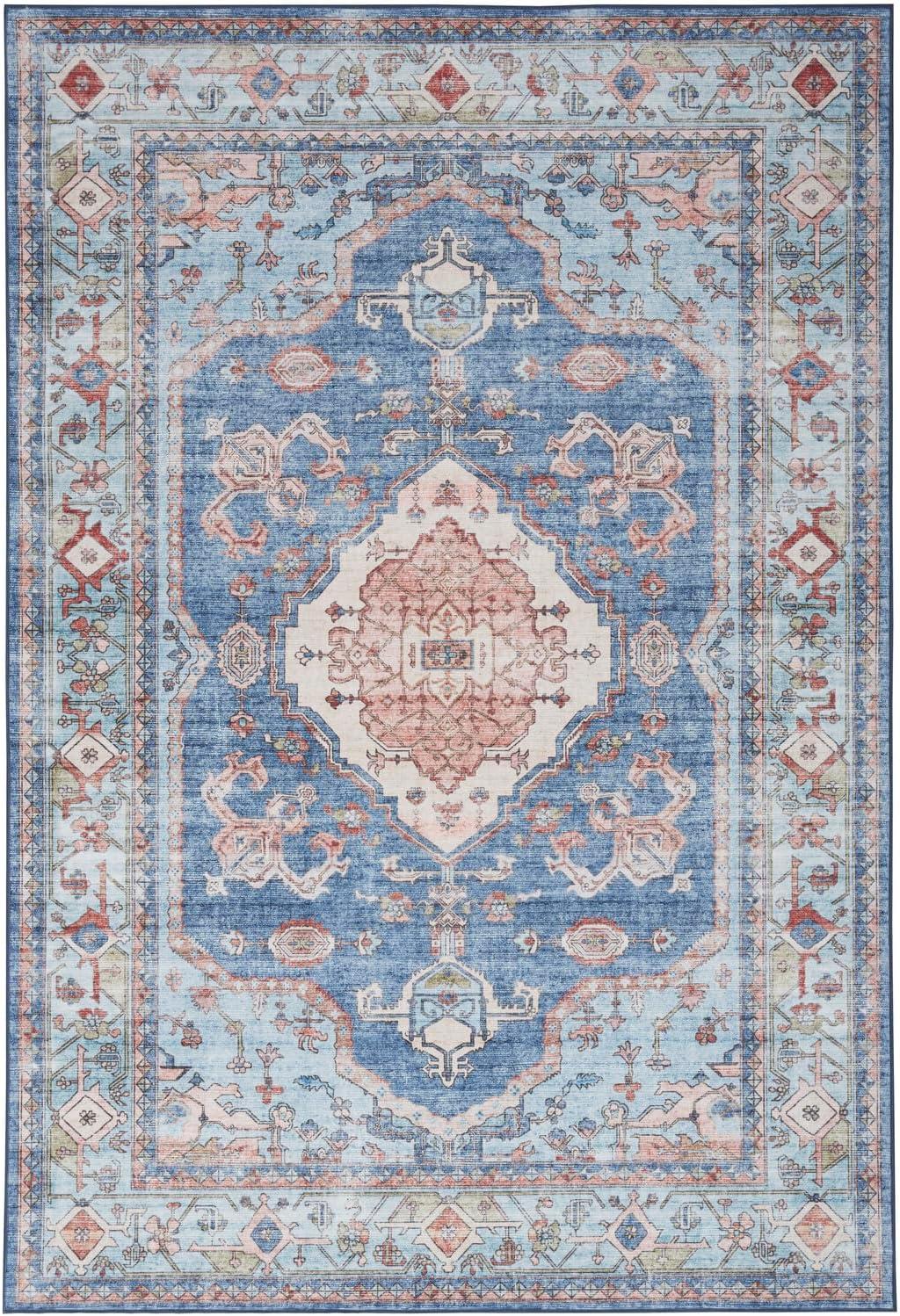 Nourison Fulton Bordered Medallion Non-Slip Flatwoven Indoor Rug Blue 5' x 7'