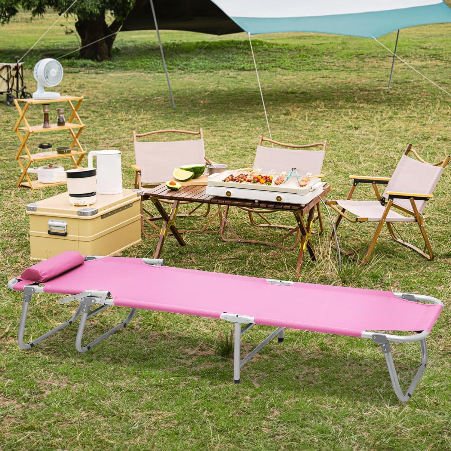Folding Travel Cot Portable Camping Bed with Pillow & Carry Bag for Beach Indoor & Outdoor Travel