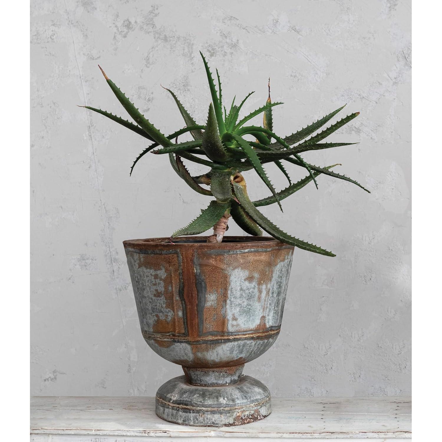 Distressed Zinc Finish Round Metal Footed Planter