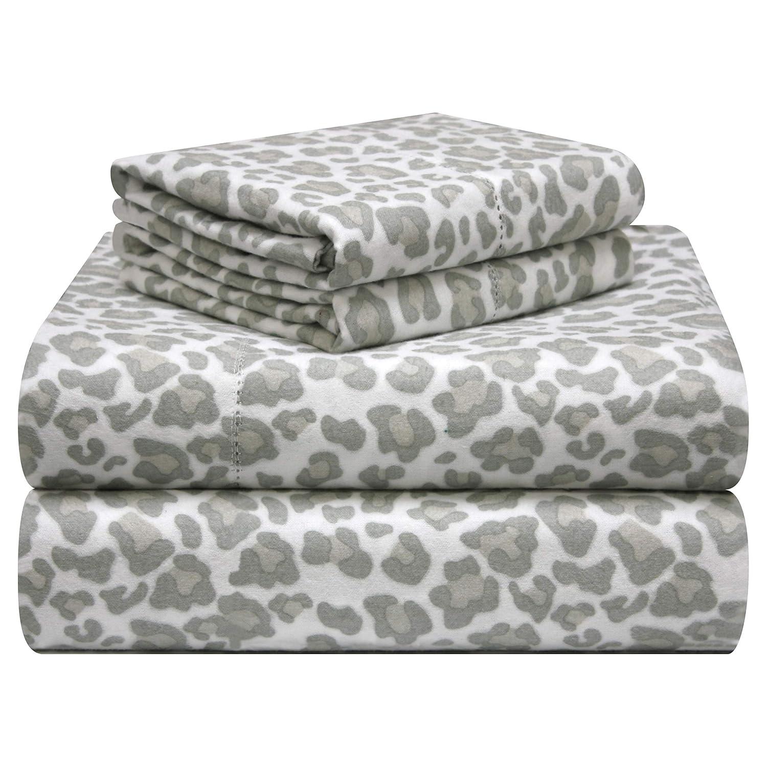 Pointehaven 180 GSM Velvet Feel Luxury Cotton Printed Flannel Sheet Set, Queen, Leopard