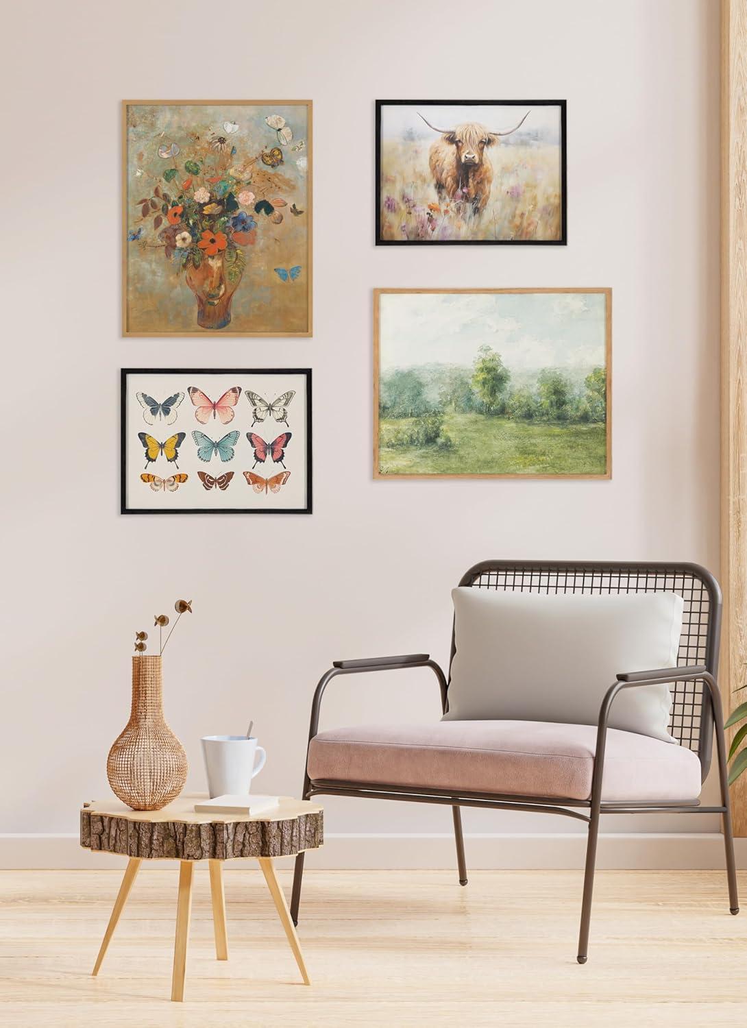Kate & Laurel All Things Decor 16"x12" Gallery Highland Cow in a Flower Field Landscape Print by The Creative Bunch Studio Black