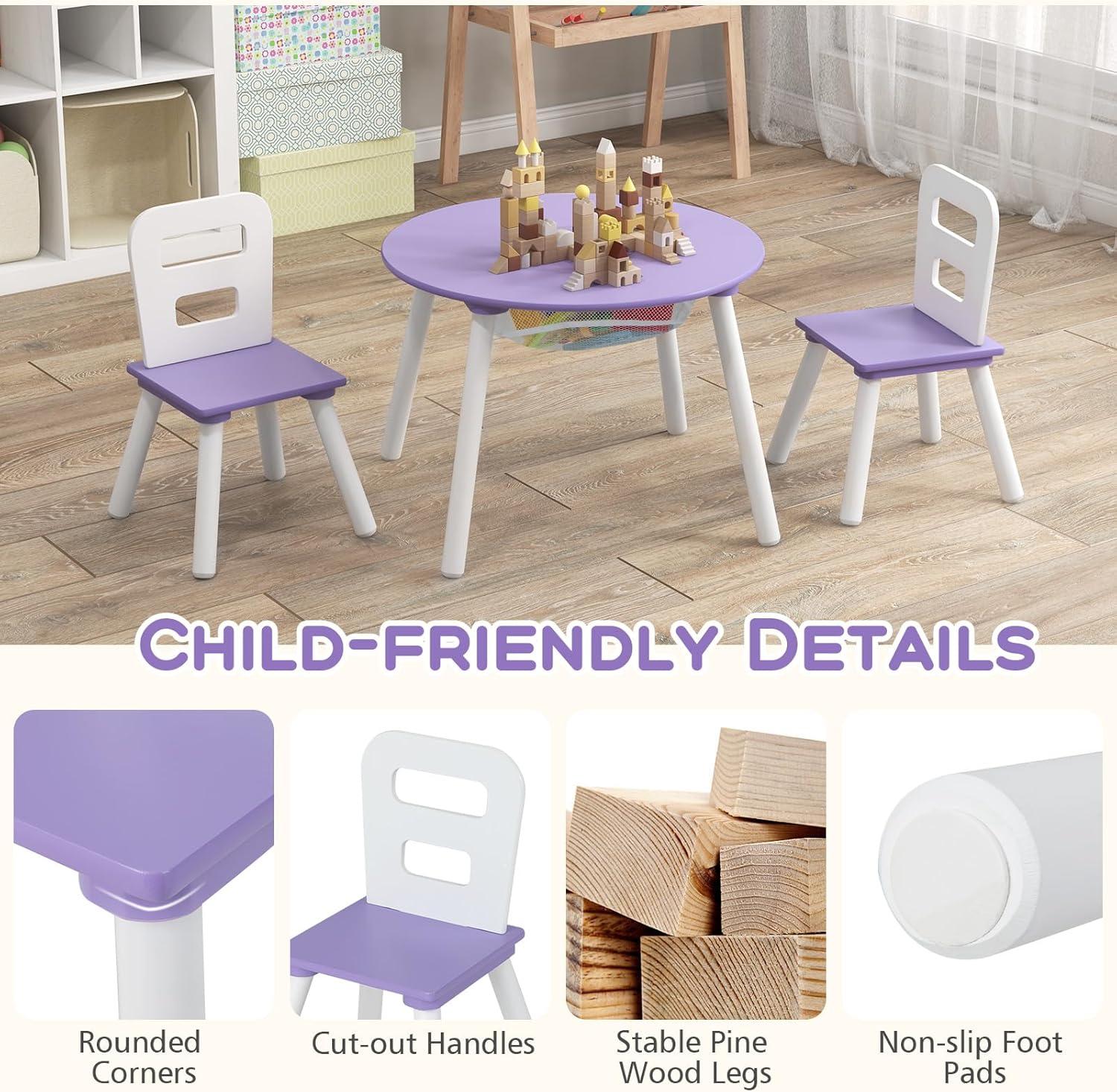 Purple Wooden Kids Table and Chair Set with Storage