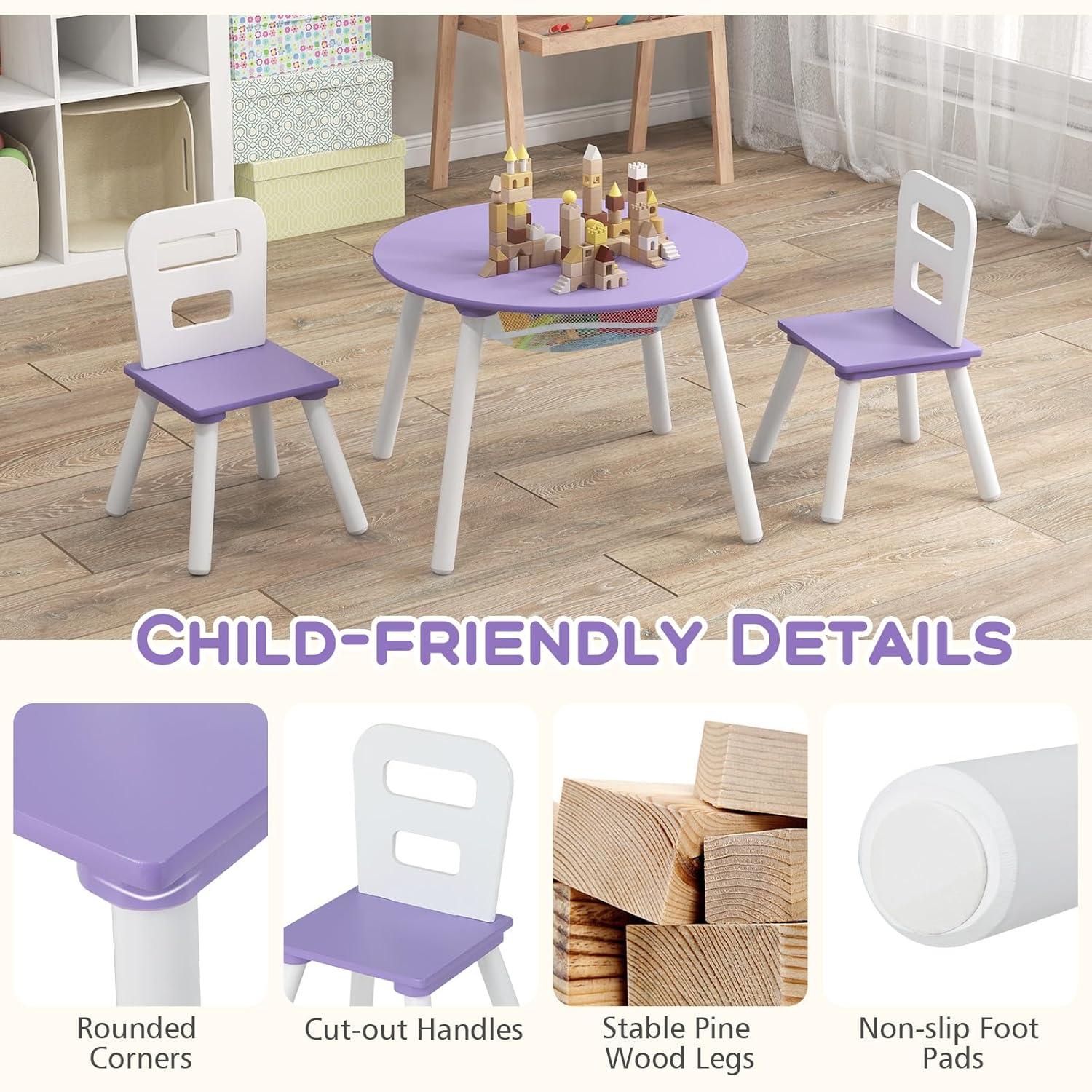 Costzon Kids Table and Chair Set, Wood Activity Table w/Center Mesh Storage, Children Furniture Gift for Boys & Girls, Ideal for Arts, Crafts, Snack Time, Homework, Toddler Table and Chair Set, Purple