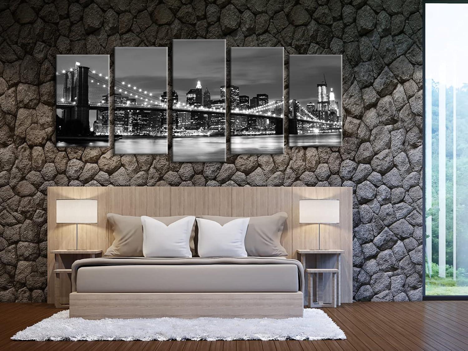 Wieco Art Large Brooklyn Bridge Night View Modern Giclee Canvas Prints Artwork Landscape Pictures to Photo Paintings on Stretched and Framed Canvas Wall Art for Home Decorations