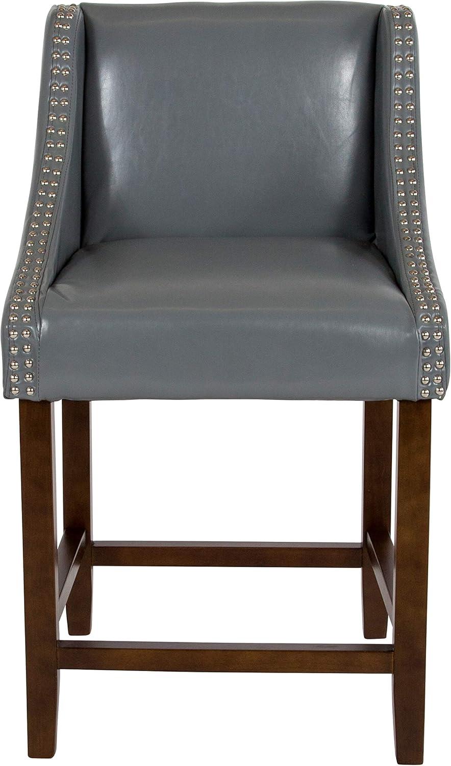 Flash Furniture Carmel Series 24" High Transitional Walnut Counter Height Stool with Nail Trim in Light Gray LeatherSoft, Set of 2