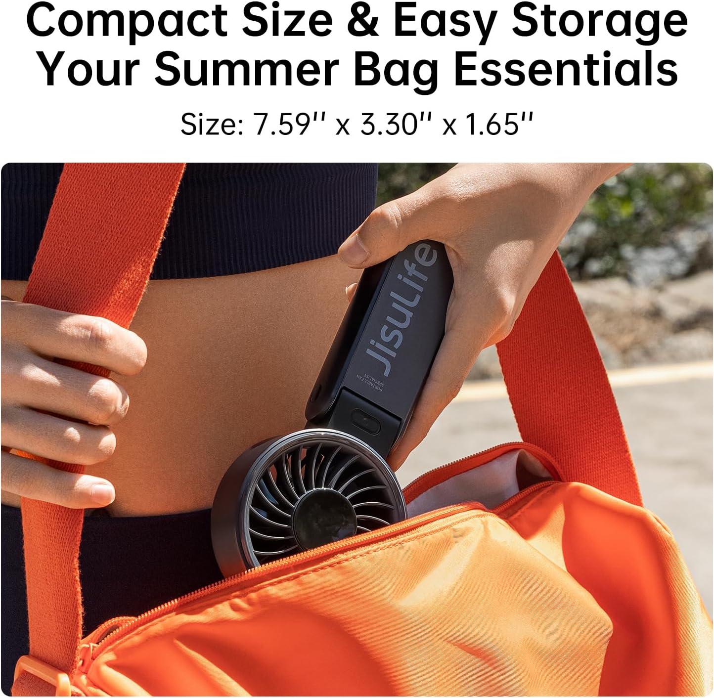 JISULIFE Handheld Fan Life7 – Ultimate Flexibility: High-Power Motor, LED Display, 19.5 Hrs Cooling, 5000mAh Rechargeable, 5-Speed, Foldable Design, 3-IN-1 Portable Fan for Travel Cruise Beach(Black)