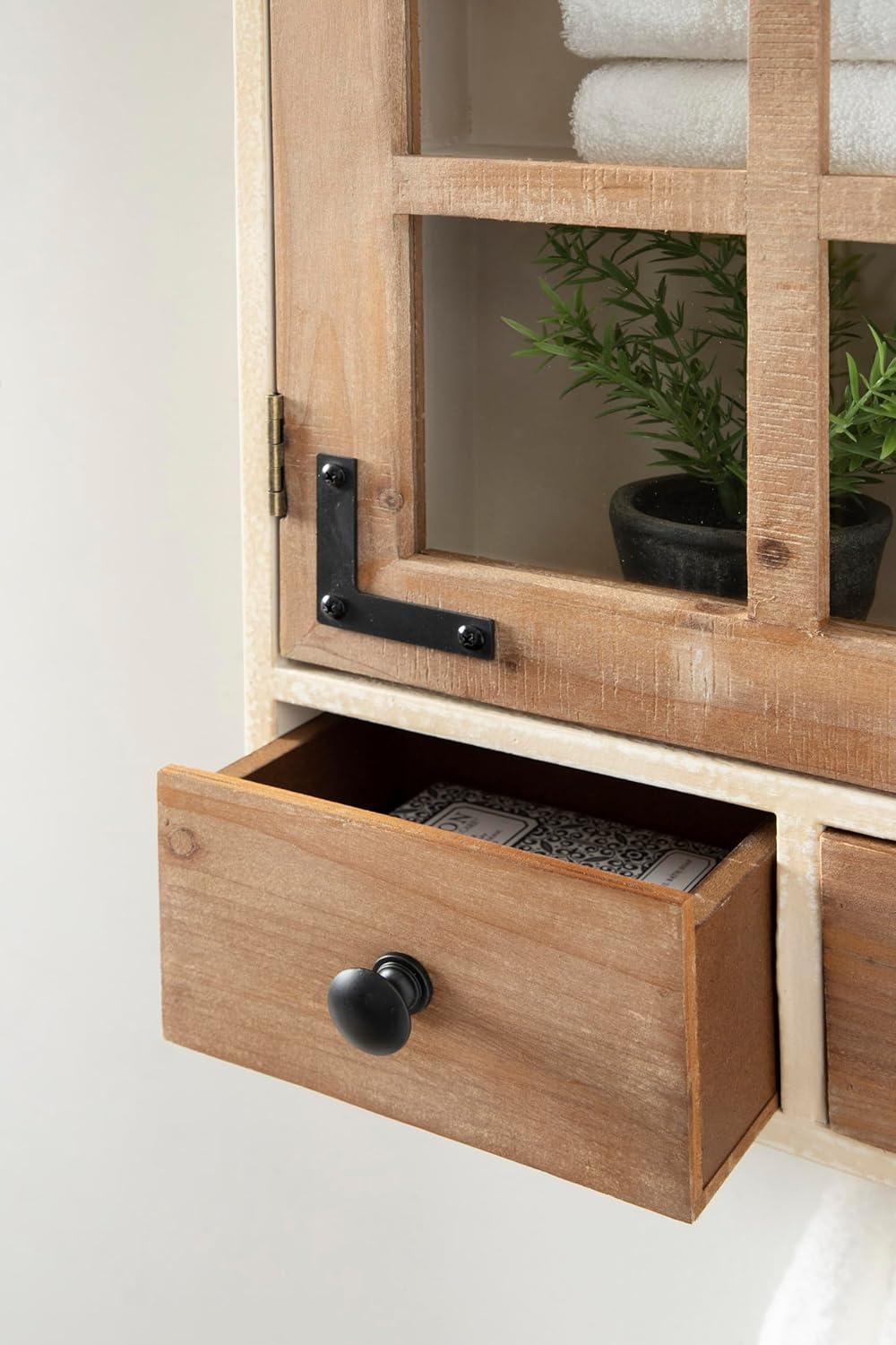 Rustic Brown and White Wood Wall Cabinet with Glass Windowpane Door