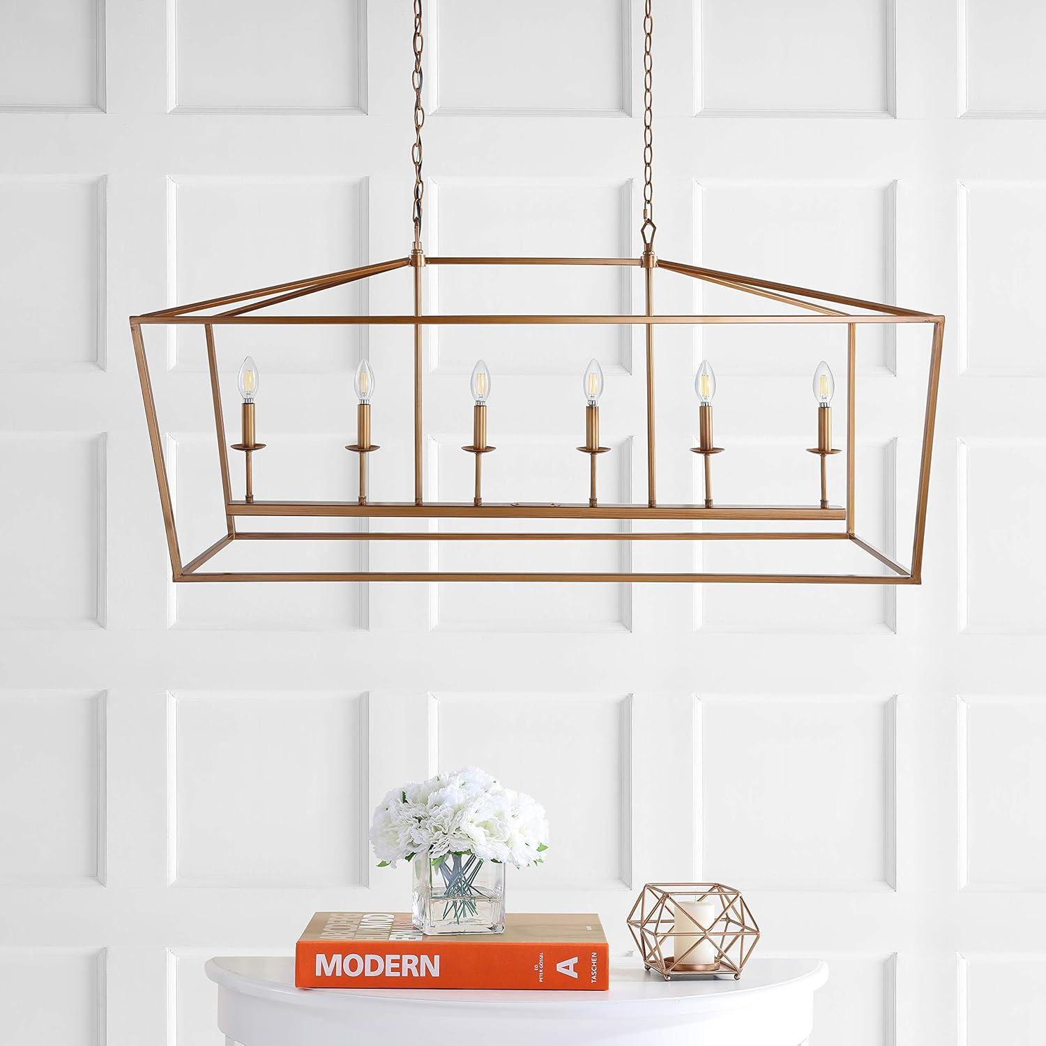 Pagoda 49" Linear 6-Bulb Lantern Metal LED Pendant, Antique Gold