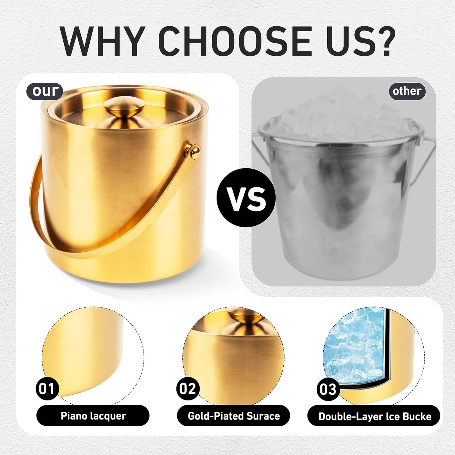 3L Double Wall Insulated Stainless Steel Ice Bucket with scoop & Strainer for Cocktail Bar,Metal Ice Bucket for freezer with Lid for parties.ice Container to Keep Ice Colder,bar cart accessories(gold)