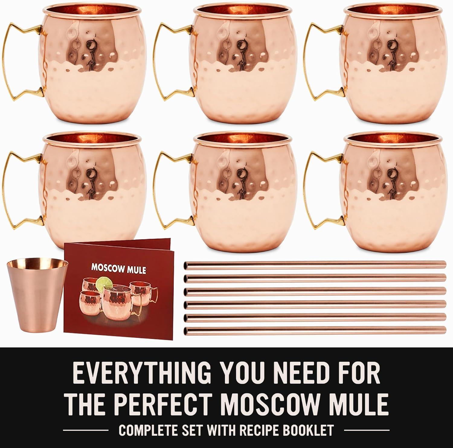 Kitchen Science Moscow Mule Copper Mugs 16 Ounce Set of 6 mugs with 6 Straws and Jigger Set, with amazing Ayurvedic benefits, Perfect Gift Set for your Friends and Family