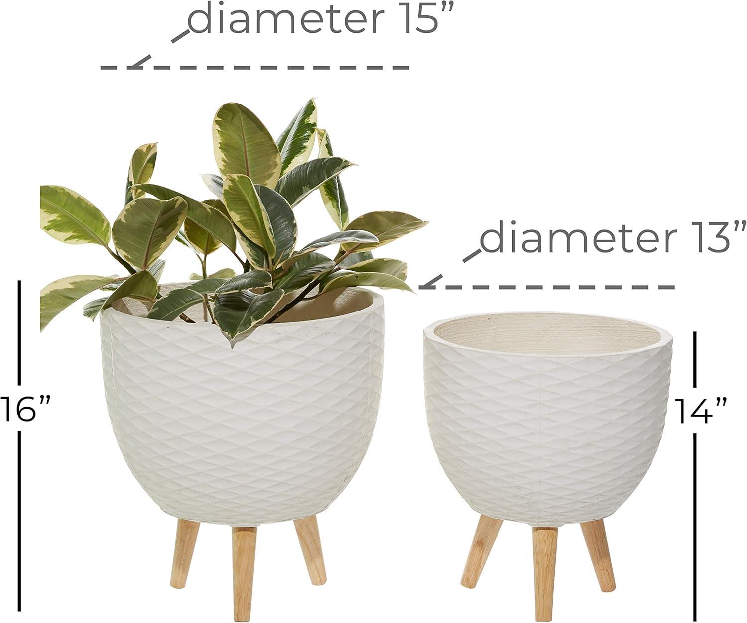 DecMode 16", 14"H Diamond Patterned White Ceramic Geometric Planter with Wood Tripod Legs (2 Count)