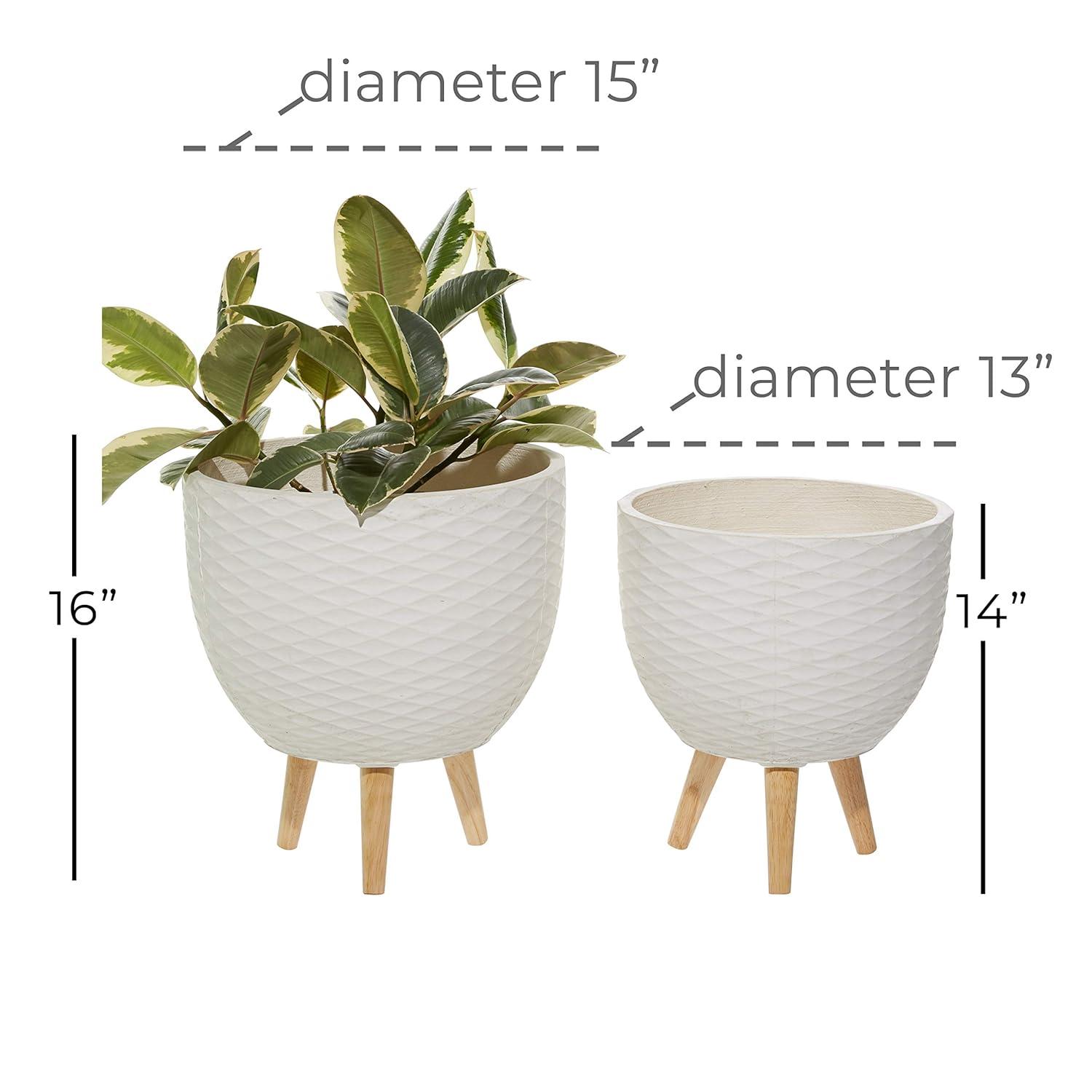 DecMode 14", 13"H Diamond Patterned White Ceramic Geometric Planter with Wood Tripod Legs (2 Count)