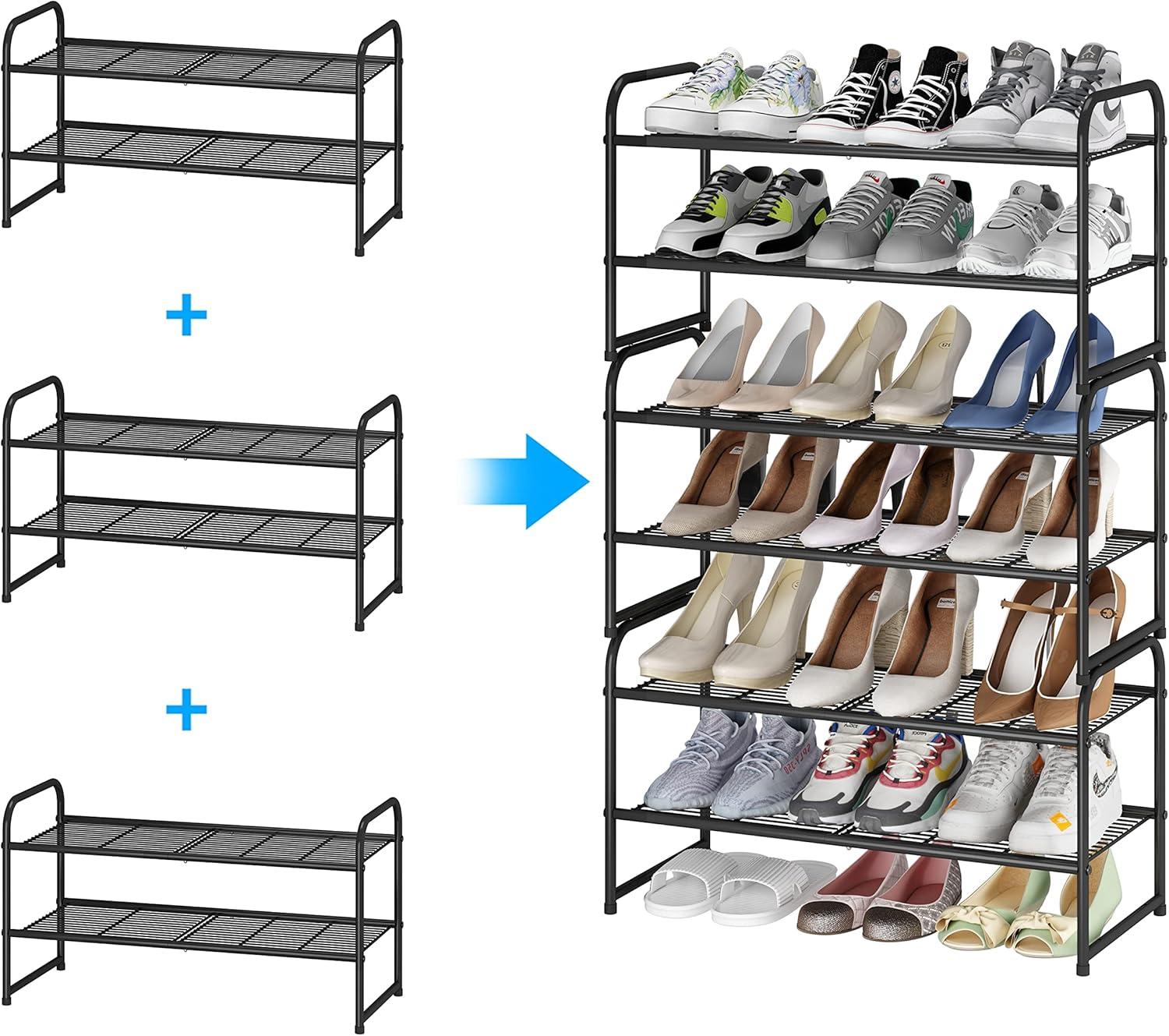 Black Metal 2-Tier Stackable Shoe Rack Organizer