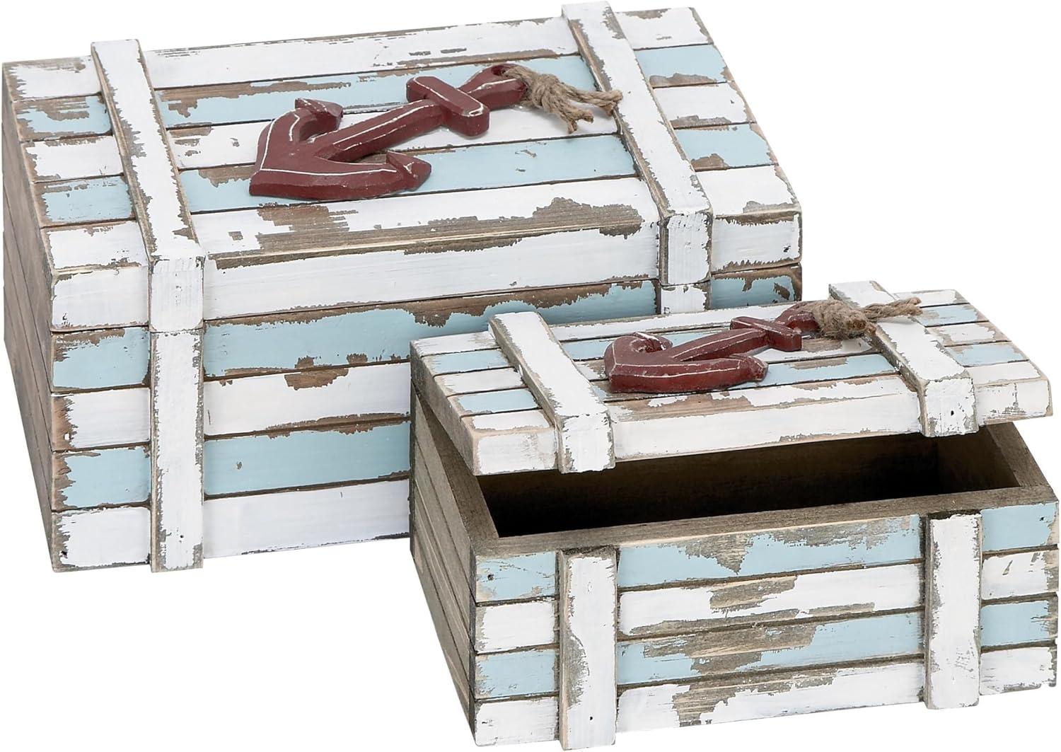 Teal and White Nautical Wood Lidded Box Set with Anchor Detail