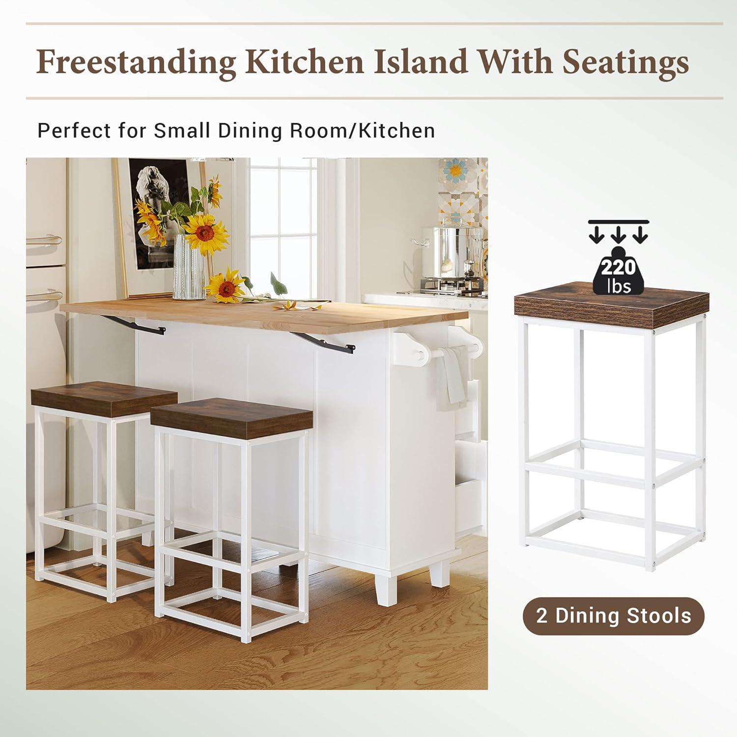 Bellemave Kitchen Island with 2 Seating, Solid Wood Dining Table with Drop Leaf Design, Kitchen Bar Table with Stools 3 Piece Dining Table Set with Storage Cabinet, Drawers and Towel Rack (White)