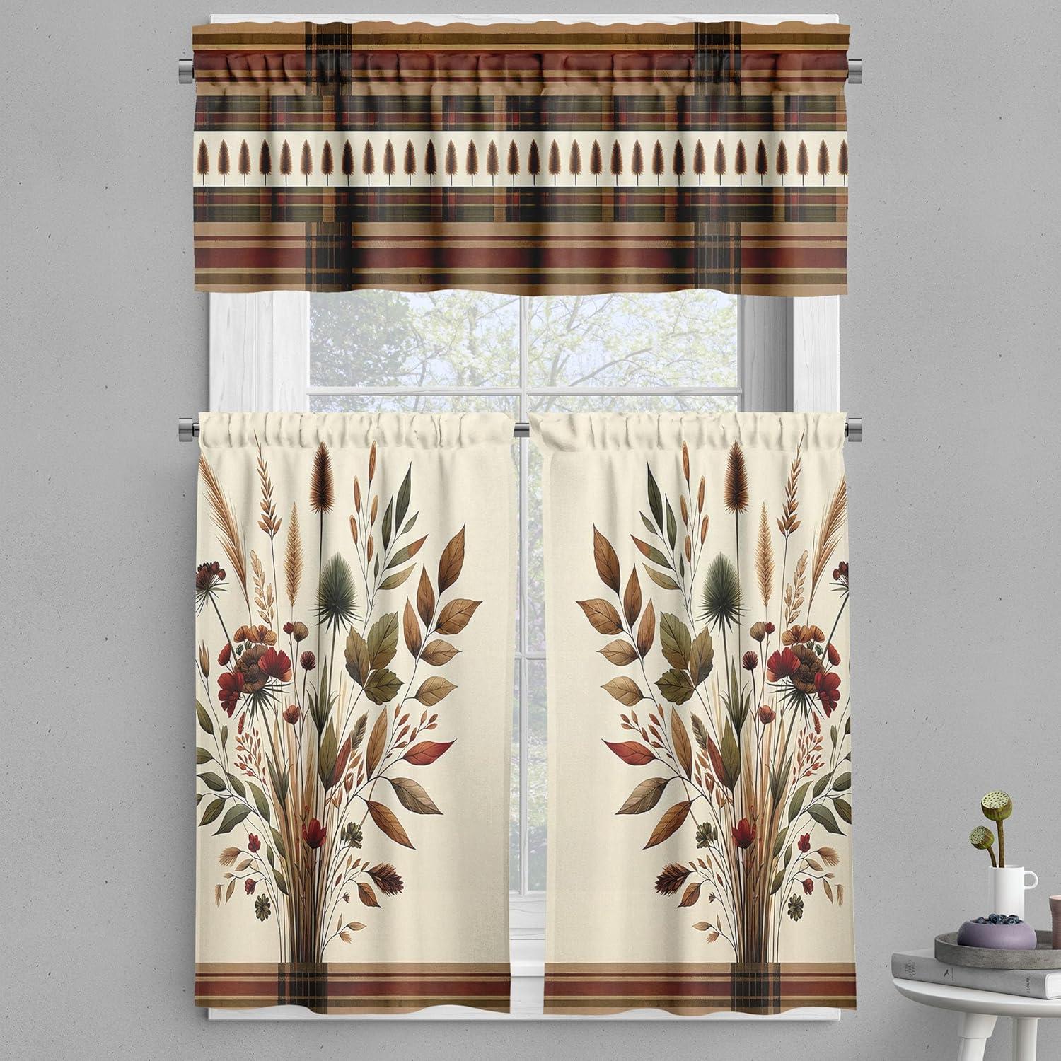 Cinnamon Gray Floral Polyester Kitchen Curtain Set