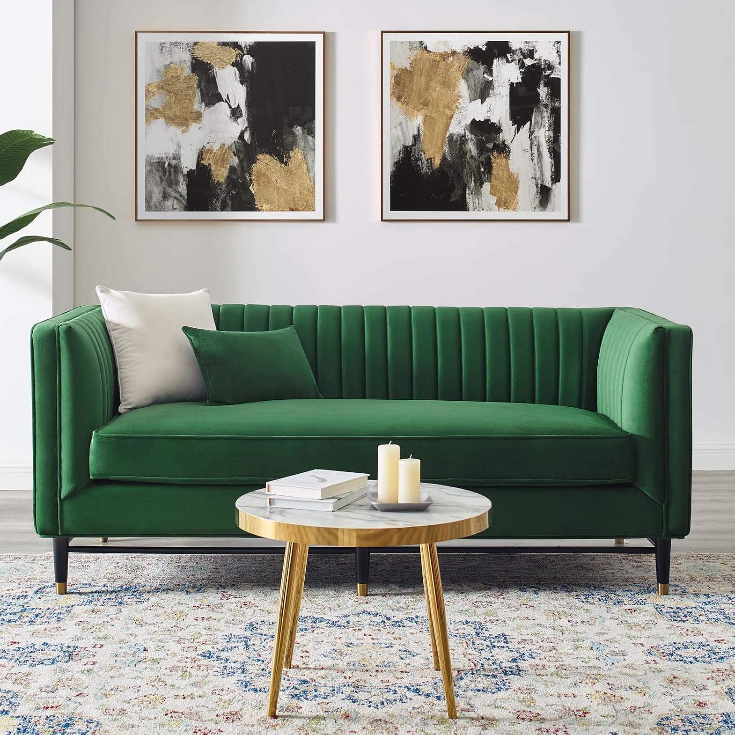 Devote Channel Tufted Performance Velvet Loveseat Emerald - Modway: Glam Deco Style, Stain-Resistant, Gold Accents