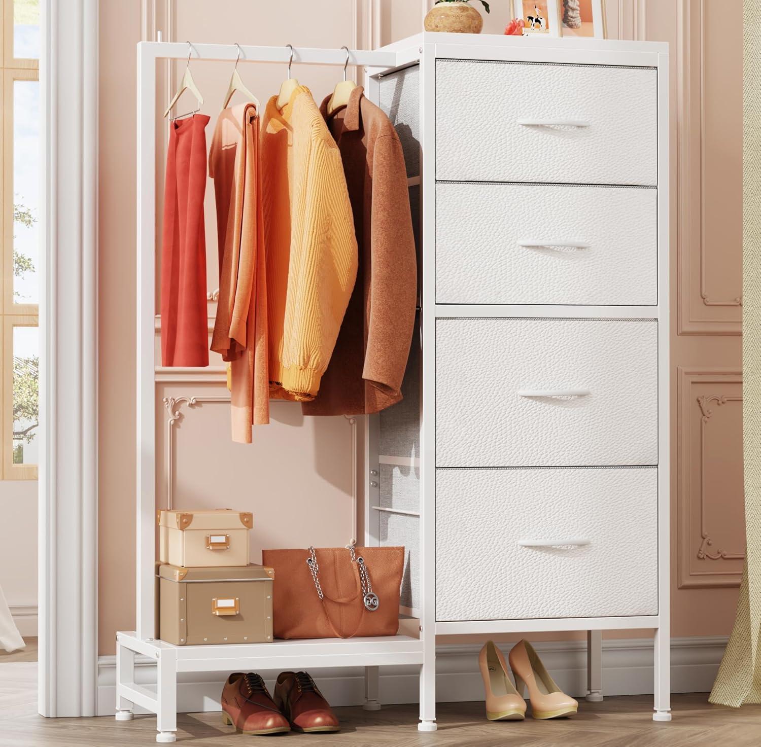 Dresser with Hanging Rack, 4 Drawers Small Closet for Bedroom, Reversible Fabric Chest of Drawers with Clothes Rack, Tall Storage Tower, Sturdy Frame, White, 44''H