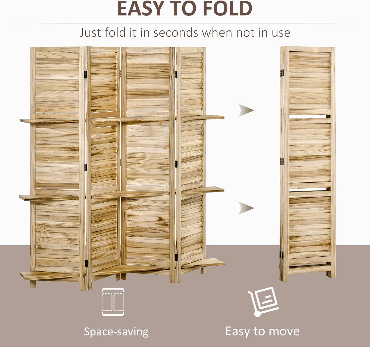 HOMCOM Room Divider, 4 Panel 67" Tall Wood Privacy Screen with 3 Display Shelves, and Folding Storage for Bedroom or Home Office, Natural Wood Color