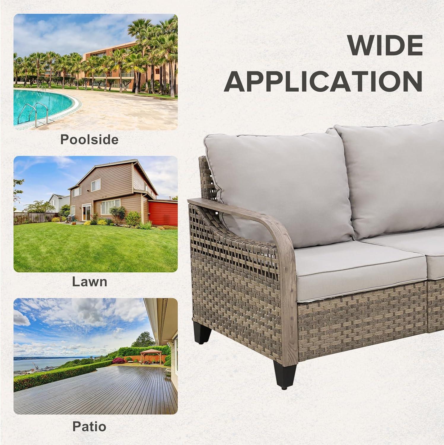 INTER HUT Modern Wicker Patio Sofa, Rattan Outdoor Couch Sofa, 3 Seat Couch, Brown/Gray