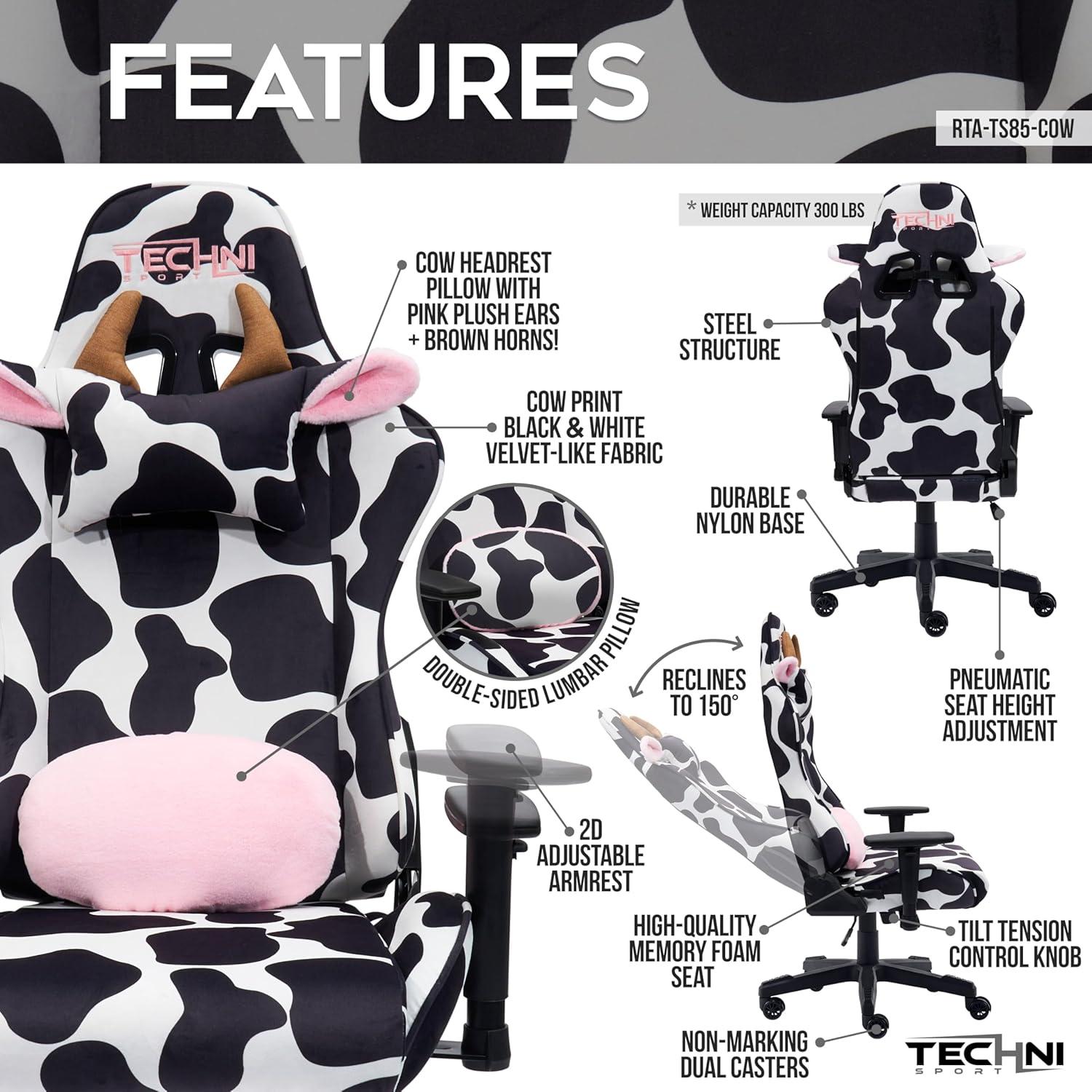 Ts85 Cow Print Luxx Series Gaming Chair Cow - Techni Sport: Velvet Upholstery, Memory Foam, Adjustable