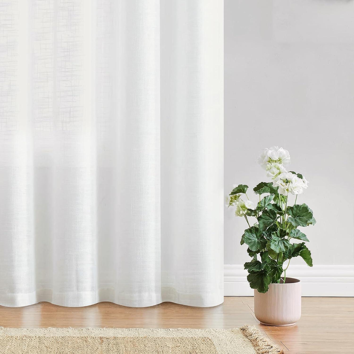 White Linen Semi-Sheer Light-Filtering Rod Pocket Curtains, 63" Length