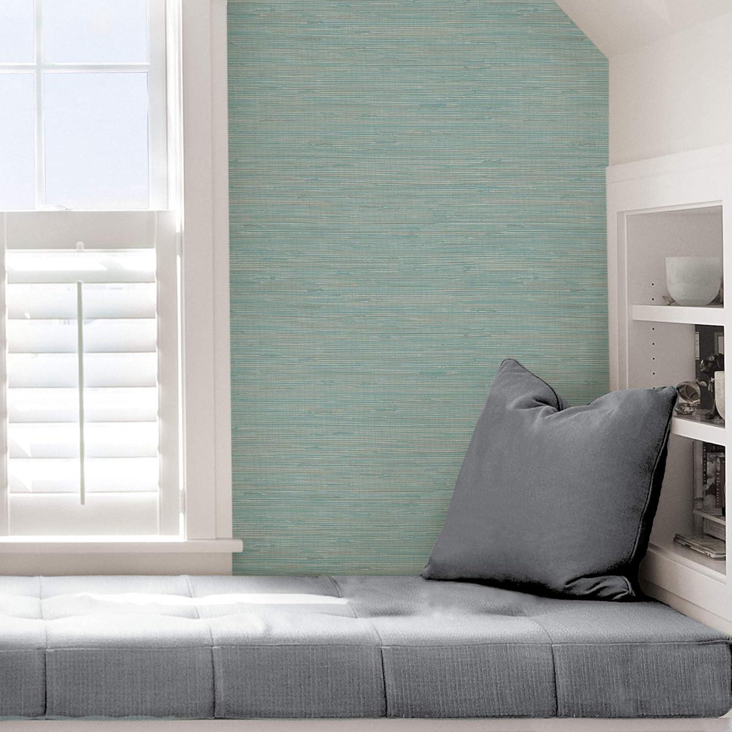 NuWallpaper Tibetan Grasscloth Teal Peel and Stick Wallpaper