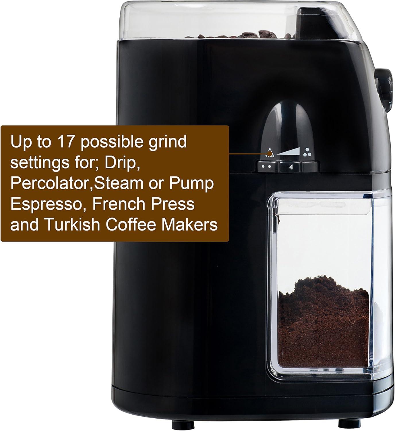 Secura Electric Burr Coffee Grinder Mill, Adjustable Cup Size, 17 Fine to Coarse Grind Size Settings for Drip, Percolator, French Press and Turkish Coffee Makers, Black