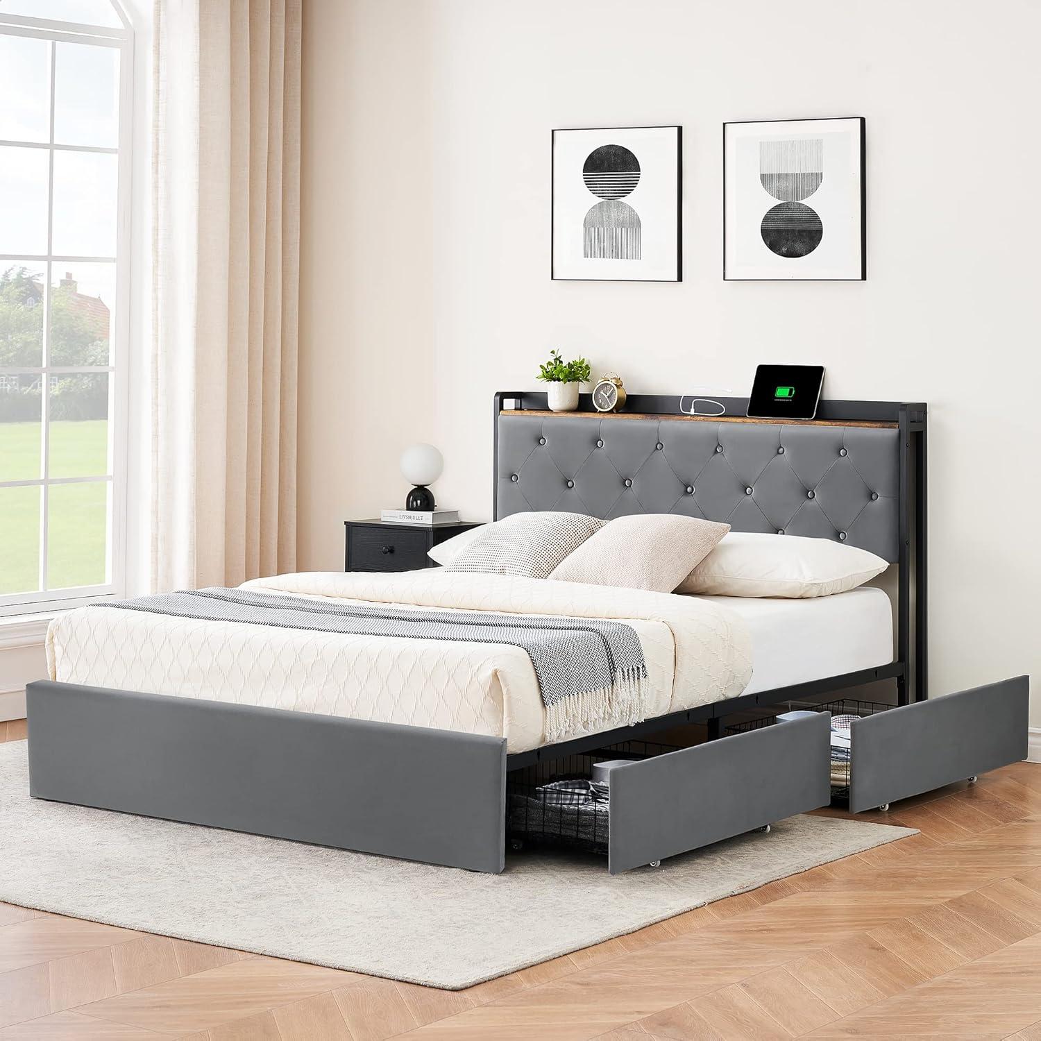 GarveeHome Full Size Bed Frame with 4 Storage Drawers and Charging Station, Upholstered Velvet Platform Bed Frame with Storage Headboard and Sturdy Wooden Slats Support, No Box Spring Needed