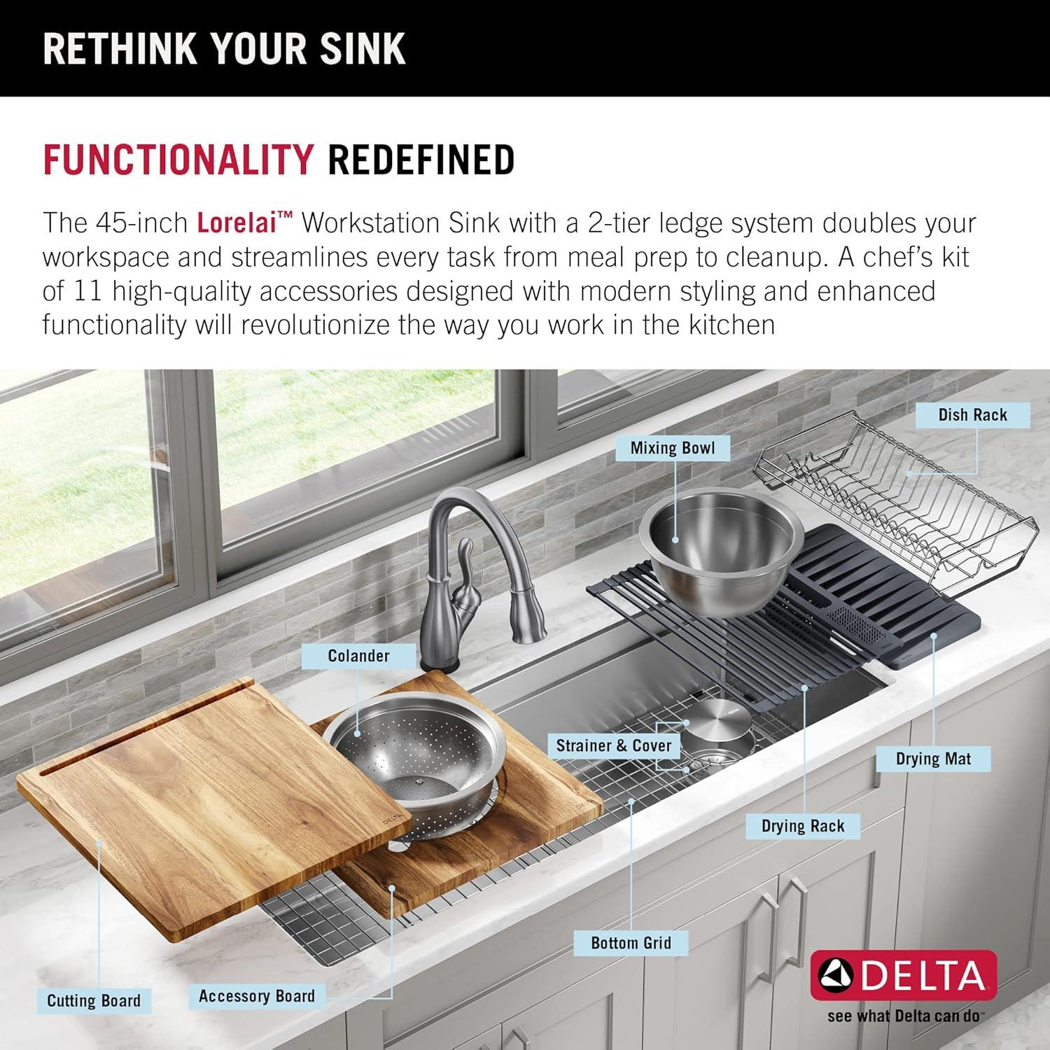 Delta Lorelai™ 45" L Workstation Kitchen Sink Undermount 16 Gauge Stainless Steel Single Bowl with 2-Tier WorkFlow™ Ledge