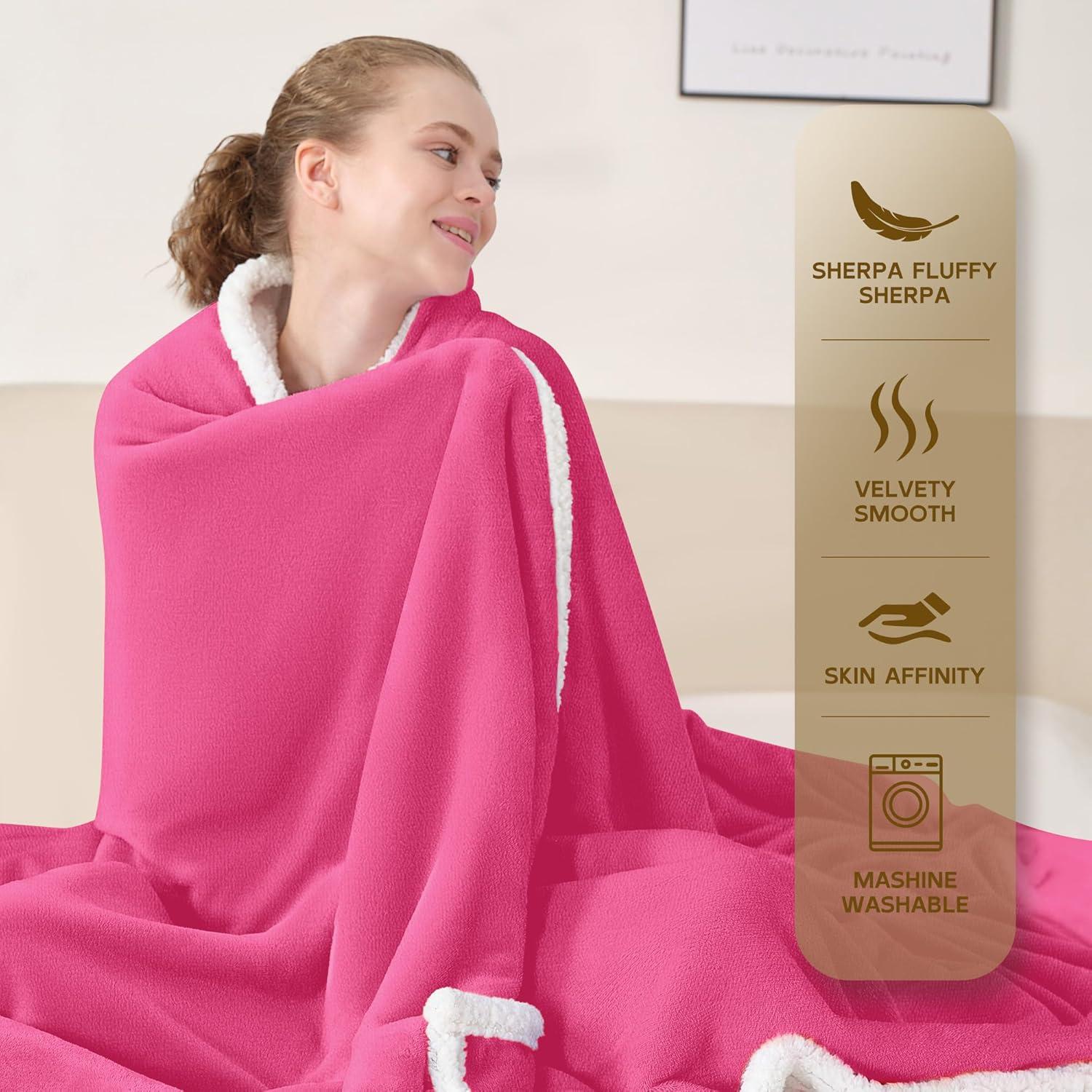 Queen Pink Reversible Sherpa Fleece Throw Blanket