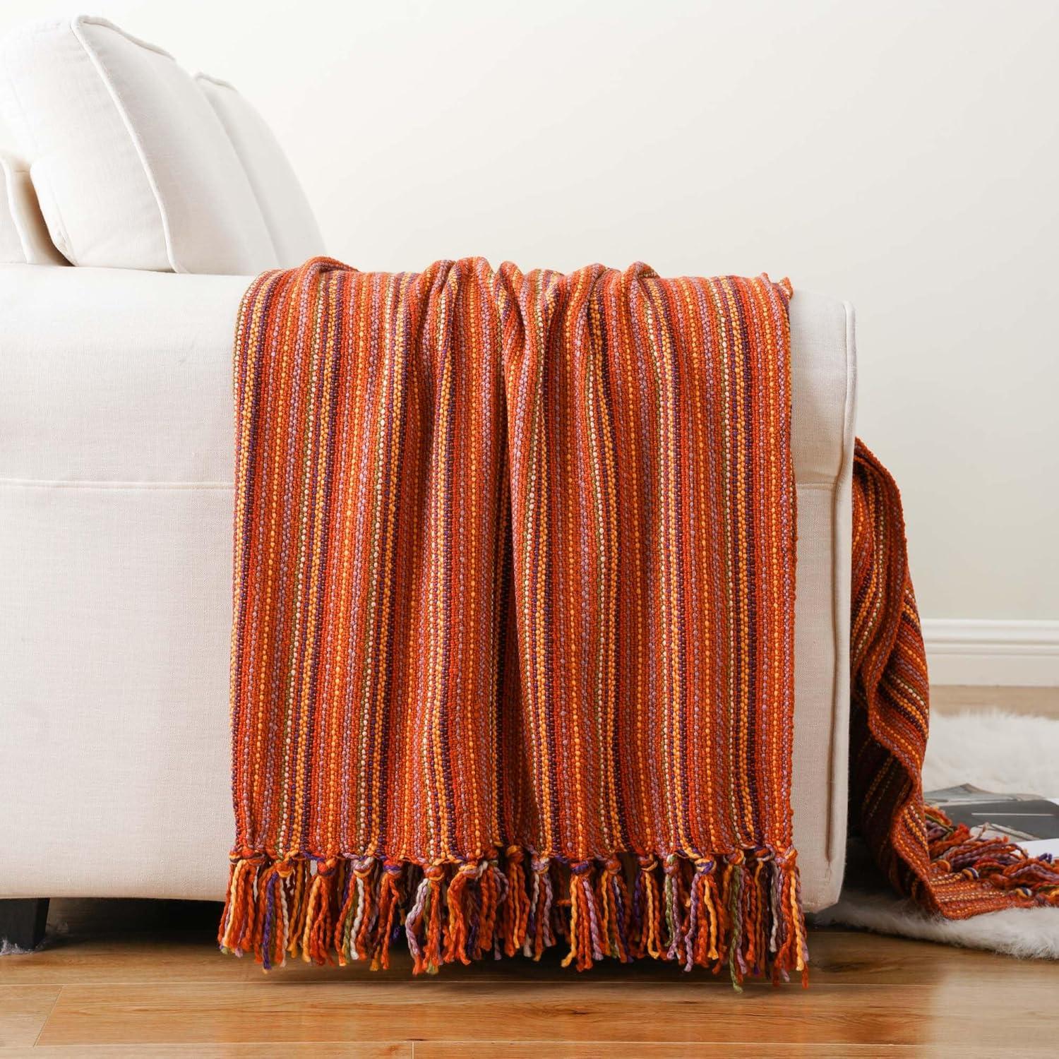 Brick Red Knitted Acrylic Throw Blanket with Fringes, 50"x60"