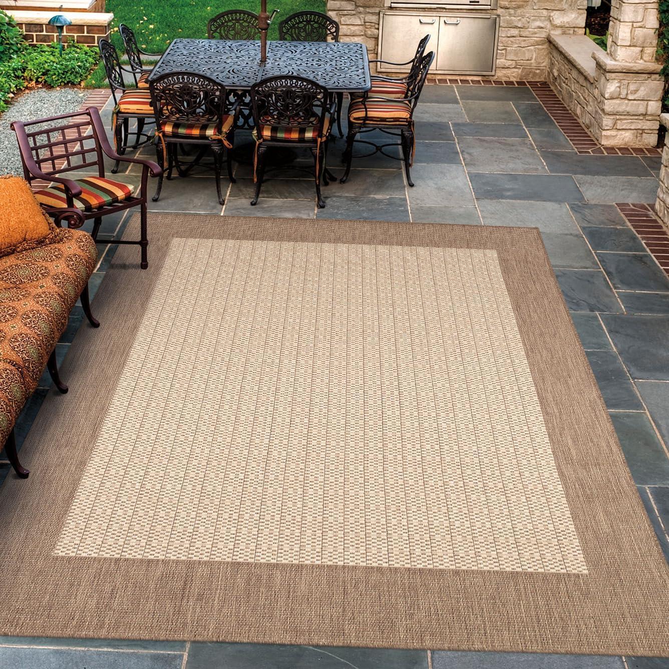 Couristan Recife Checkered Field Indoor / Outdoor Area Rug, Natural- Cocoa, 7'6" Round